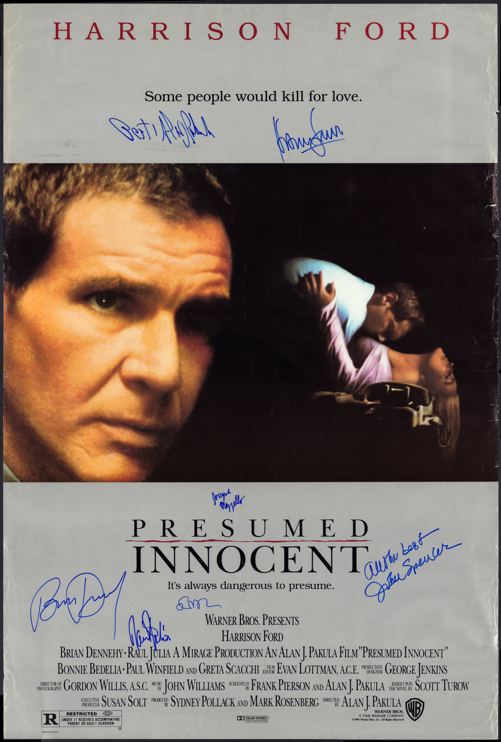 Presumed Innocent 27x40 Poster Cast Signed by Harrison Ford, Raul Julia, Director Alan J. Pakula, Brian Dennehy, & More