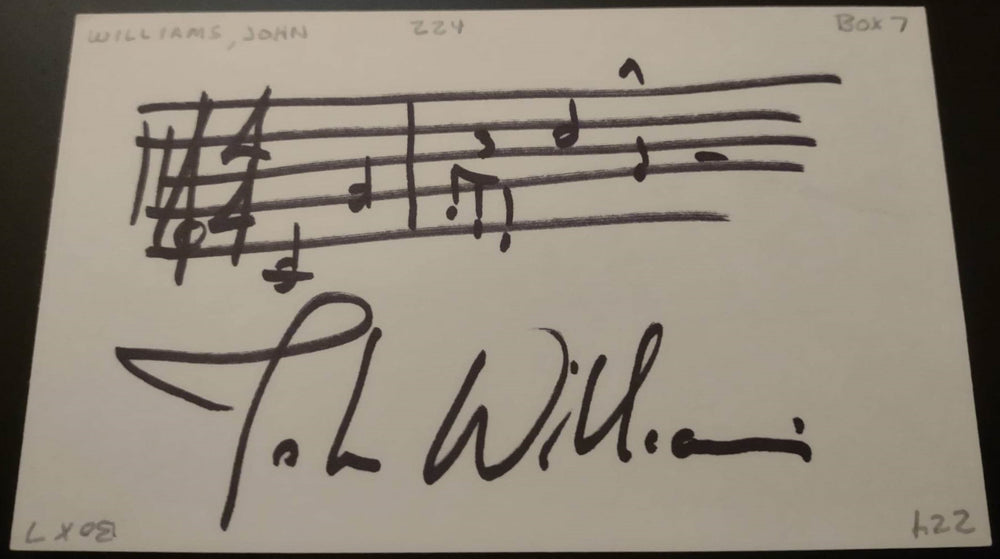 John Williams Composer Signed Index Card with AMQS Handwritten Musical Notes of the Star Wars Theme