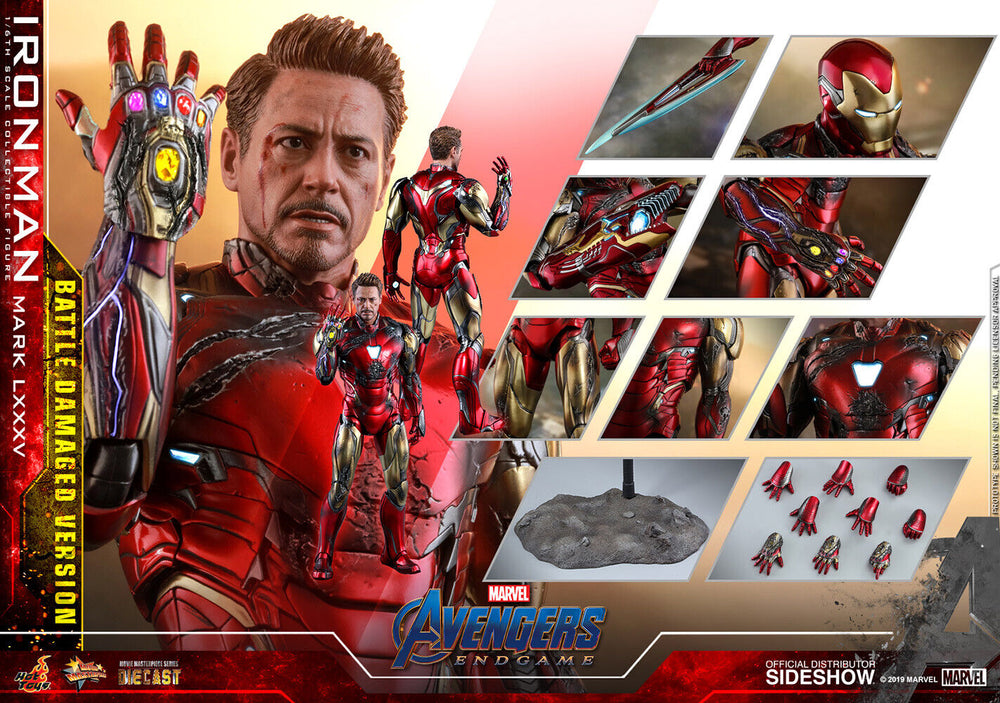 
                  
                    Robert Downey Jr. as Iron Man in Avengers: Endgame (Beckett Witnessed) Signed Iron Man Mark LXXXV Battle Damaged Version Special Edition Sixth Scale Figure by Hot Toys with Quote
                  
                