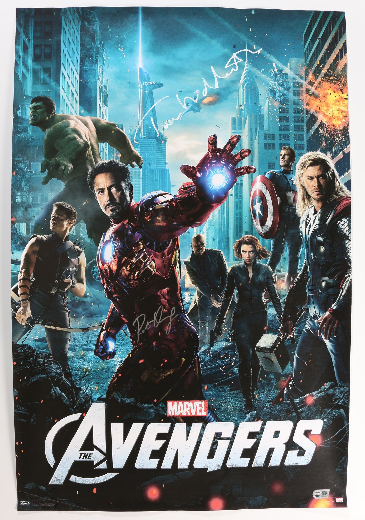 
                  
                    Robert Downey Jr. as Iron Man & Tom Hiddleston as Loki in The Avengers (SWAU) Signed 22x34 Poster
                  
                