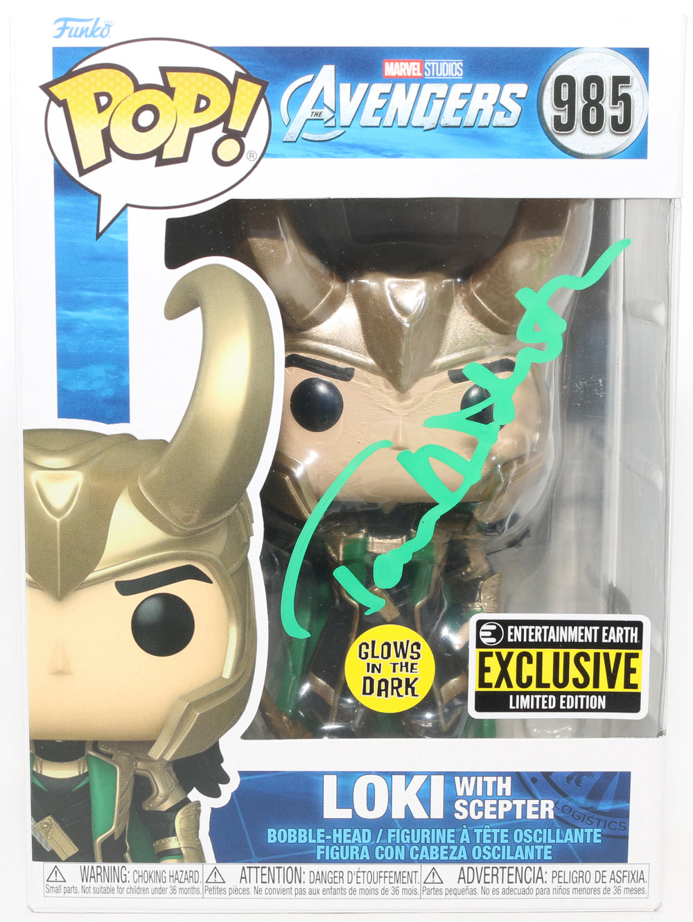 Tom Hiddleston as Loki with Scepter in Avengers GITD Entertainment Earth Exclusive (SWAU) Signed Funko POP! #985
