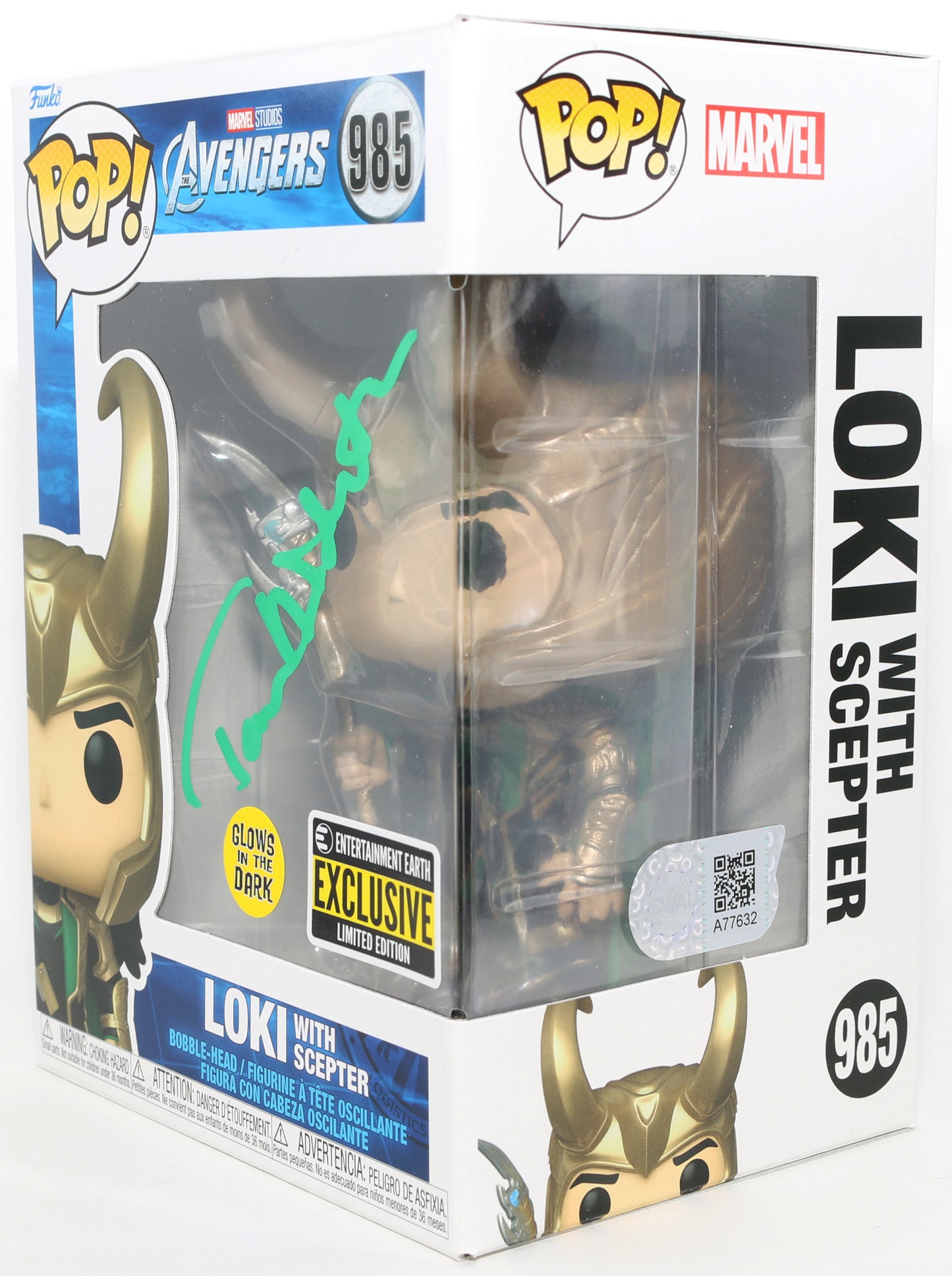 
                  
                    Tom Hiddleston as Loki with Scepter in Avengers GITD Entertainment Earth Exclusive (SWAU) Signed Funko POP! #985
                  
                