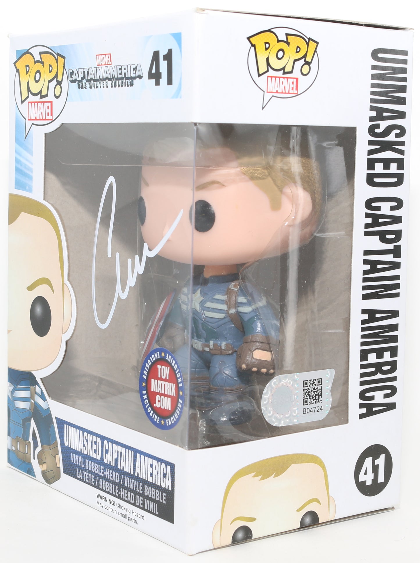 
                  
                    Chris Evans as Captain America Unmasked in Captain America: The Winter Soldier Toy Matrix Exclusive (SWAU) Signed Funko POP! #41
                  
                