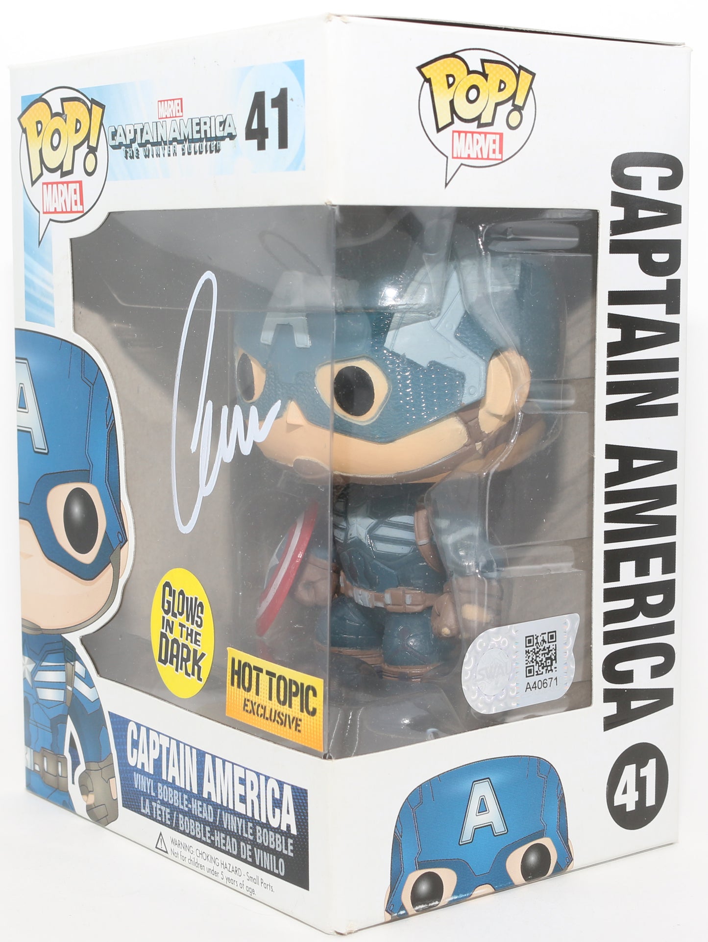 
                  
                    Chris Evans as Captain America in Captain America: The Winter Soldier GITD Hot Topic Exclusive (SWAU) Signed Funko POP! #41
                  
                