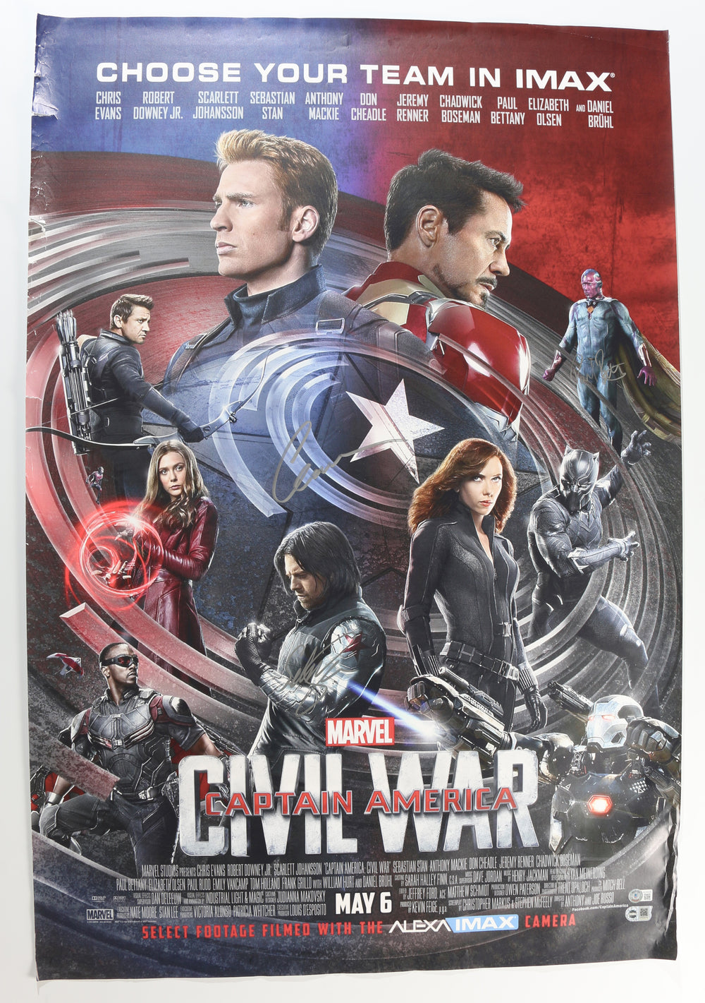 Captain America: Civil War 27x40 Poster (Beckett Witnessed / SWAU) Cast Signed by Chris Evans, Sebastian Stan, & Paul Bettany