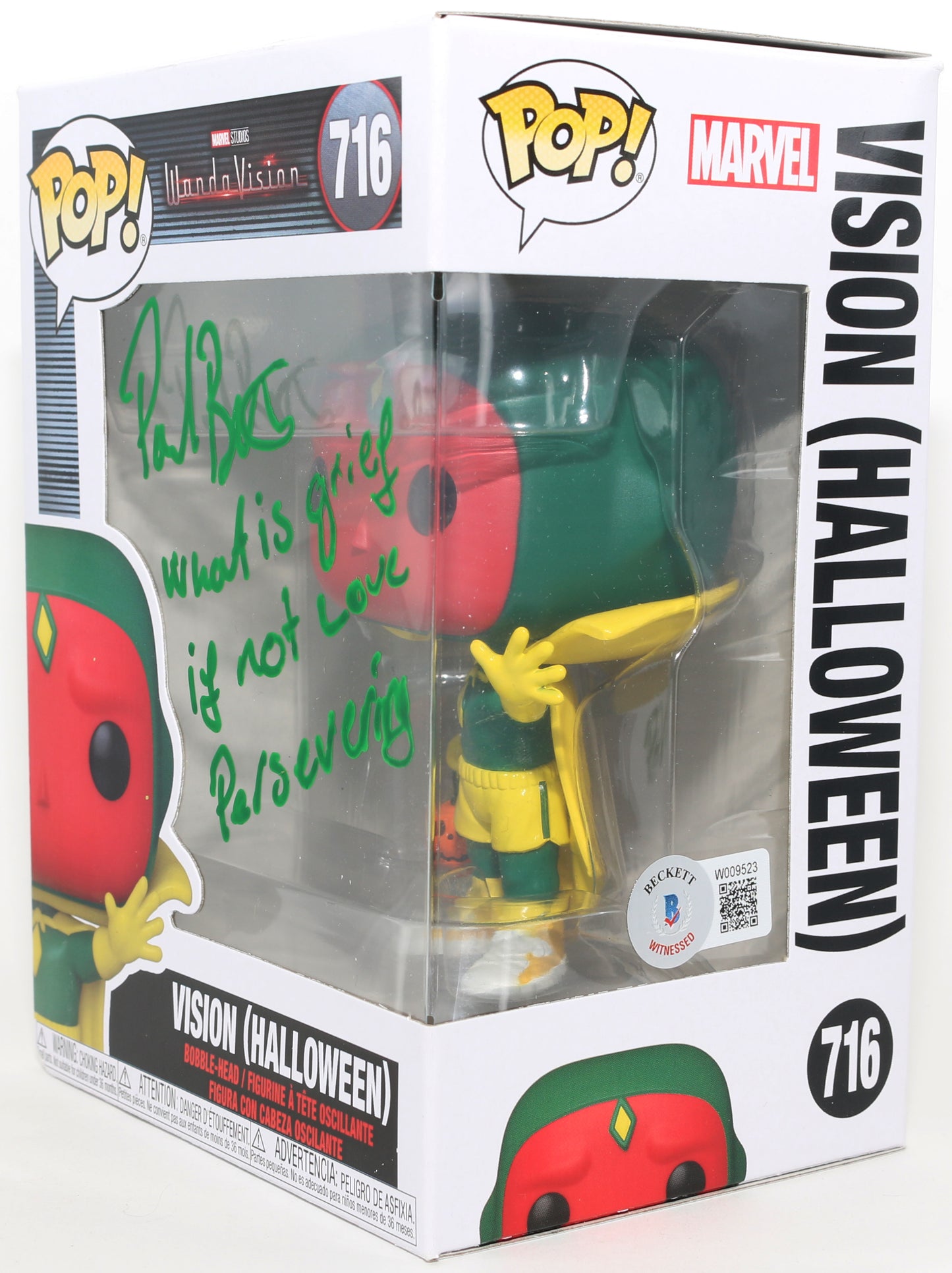
                  
                    Paul Bettany as Vision [Halloween Costume] in WandaVision (Beckett) Signed Funko POP! #716 with Character Name & Quote
                  
                