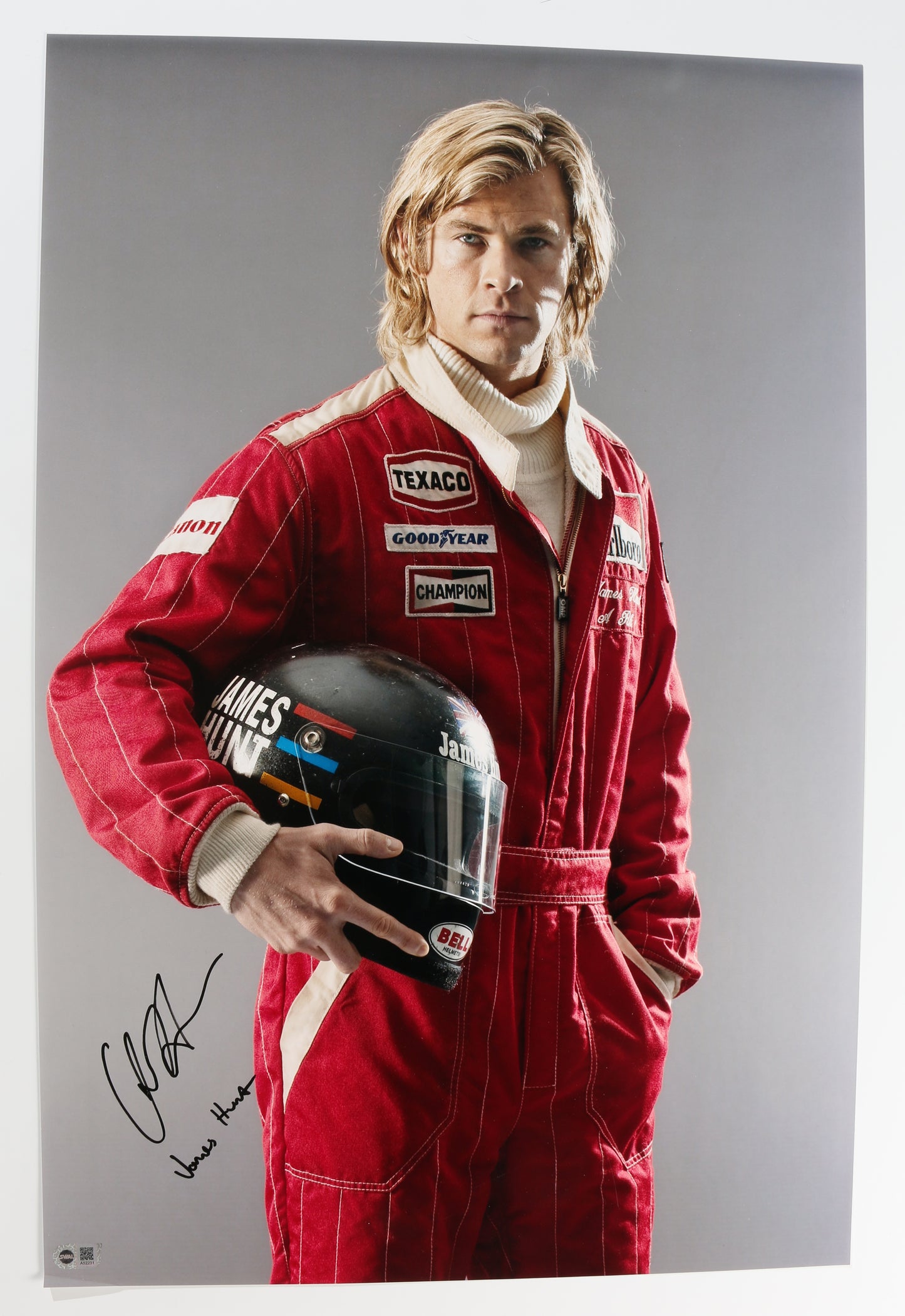 
                  
                    Chris Hemsworth as James Hunt in Rush (SWAU Witnessed) Signed 20x30 Oversized Photo with Character Name
                  
                