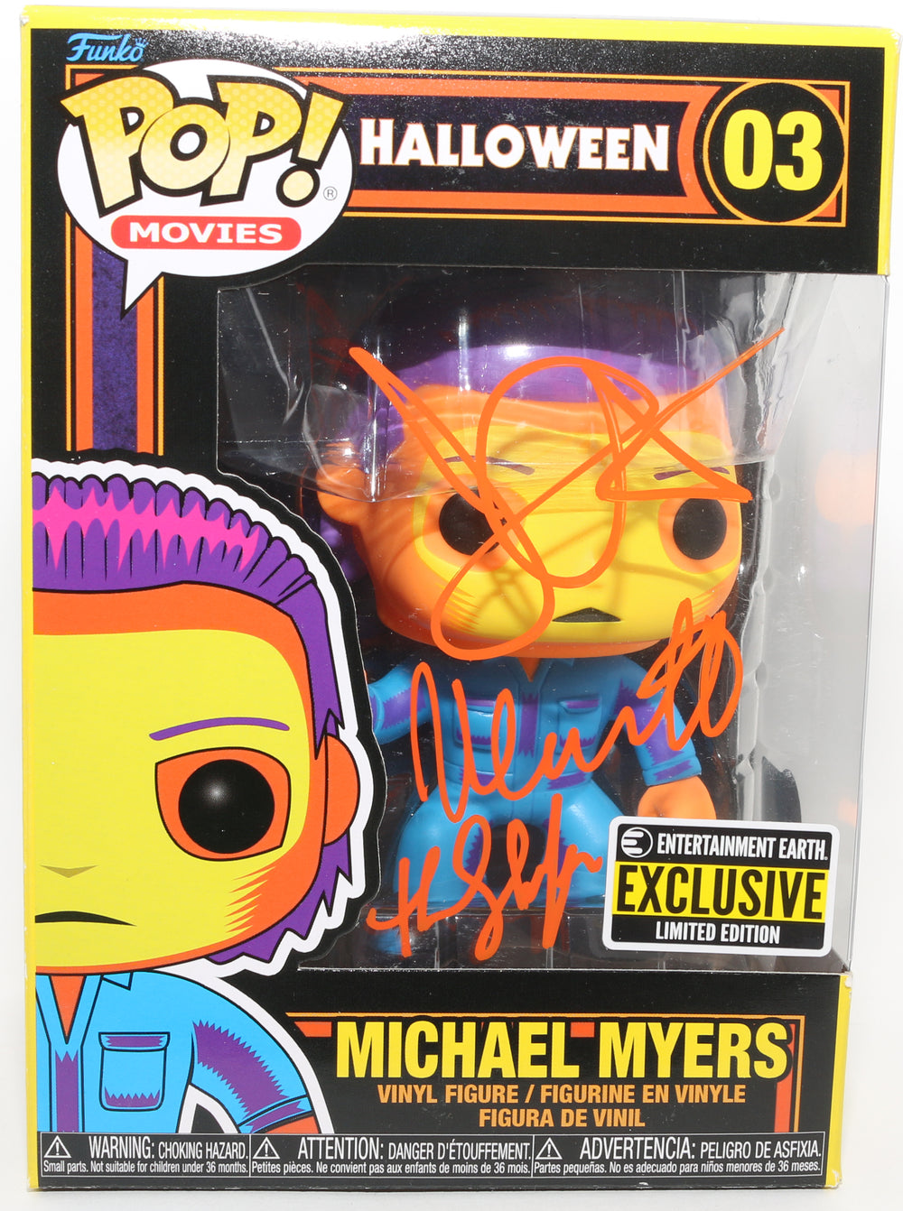 John Carpenter Director & Nick Castle as Michael Myers in Halloween Blacklight Entertainment Earth Exclusive (Beckett) Signed Funko POP! #03 with Character Name