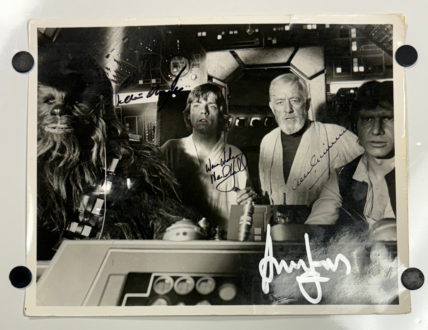 
                  
                    Star Wars: A New Hope Falcon Cockpit 8x10 Photo (Beckett Witnessed / K9) Signed by Alec Guinness, Harrison Ford, Mark Hamill, & Peter Mayhew - Very Rare
                  
                