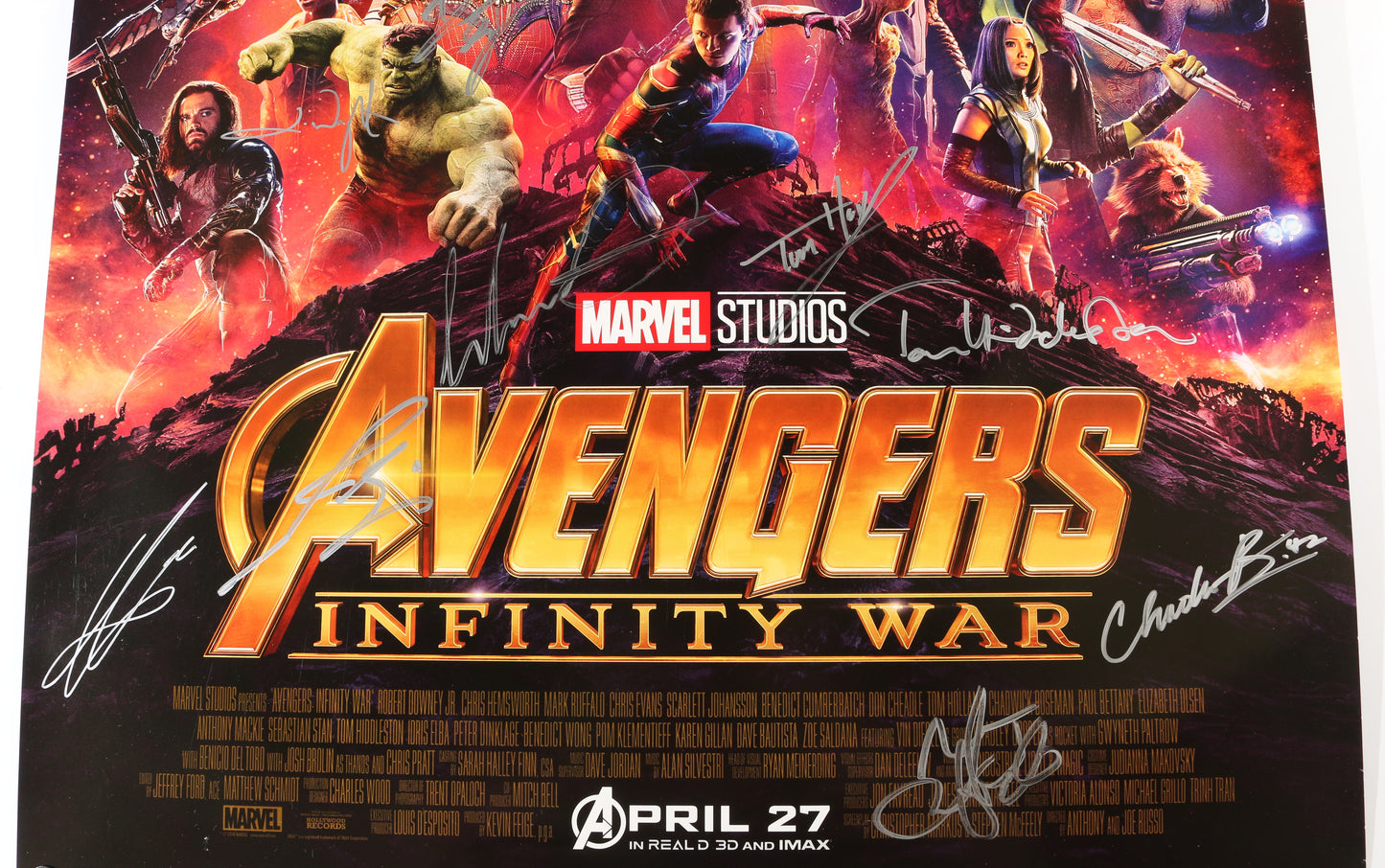 
                  
                    Avengers: Infinity War 27x40 Poster Signed by Chadwick Boseman, Josh Brolin, Chris Pratt, Tom Hiddleston, Tom Holland, Mark Ruffalo, Paul Bettany, Elizabeth Olsen, Anthony Mackie, Dania Gurira, Letitia Wright, Don Cheadle, & Winston Duke
                  
                