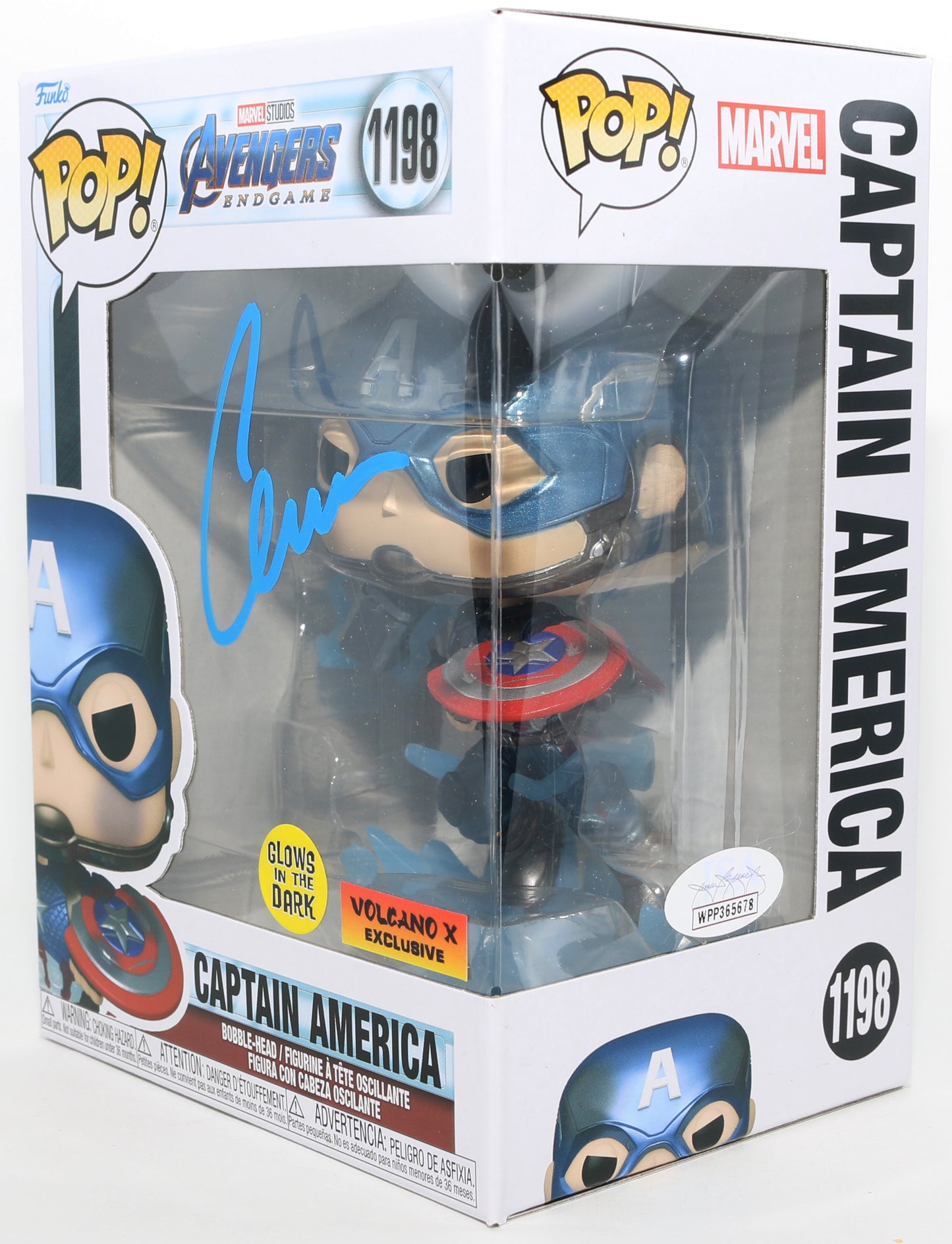 
                  
                    Chris Evans as Captain America in Avengers: Endgame GITD Volcano X Exclusive (JSA) Signed Funko POP! #1198
                  
                