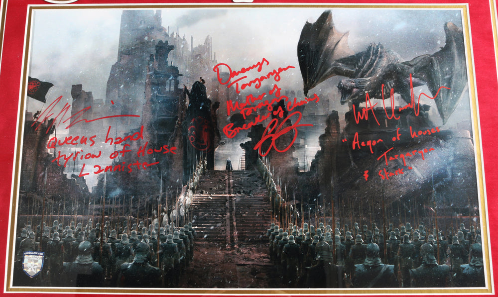 
                  
                    Game of Thrones (Official Pix) Framed 11x17 Photo Cast Signed by Emilia Clarke, Peter Dinklage, & Kit Harington with Character Names & Quotes
                  
                