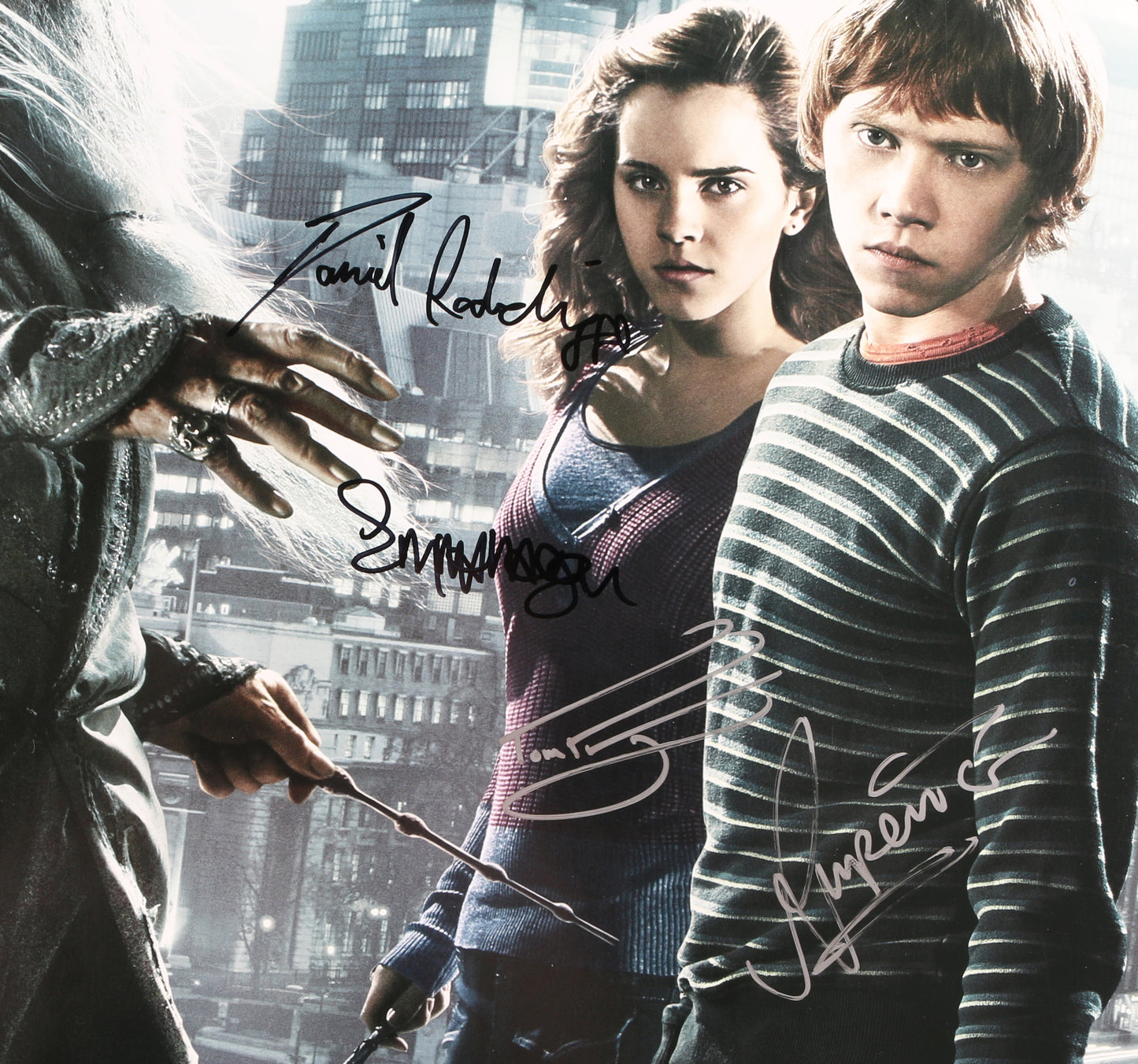 
                  
                    Daniel Radcliffe as Harry Potter, Emma Watson as Hermione Granger, Rupert Grint as Ron Weasley, & Tom Felton as Draco Malfoy in Harry Potter and the Half-Blood Prince Signed 27x40 Poster
                  
                
