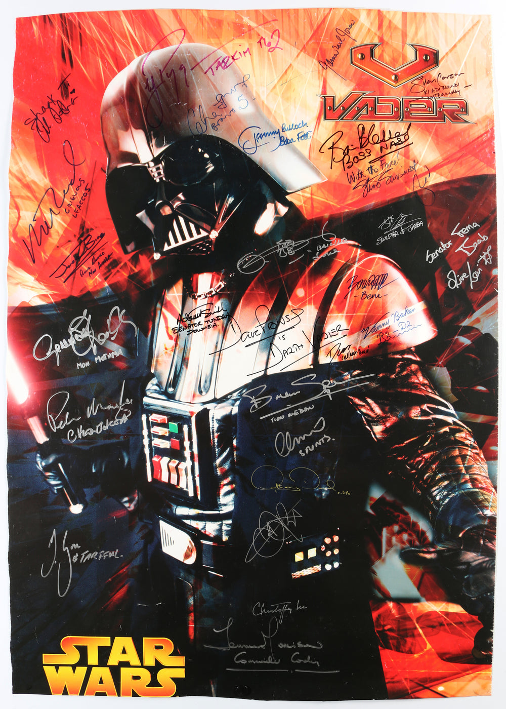Star Wars Darth Vader 24x34 Poster Cast Signed by George Lucas, Christopher Lee, James Earl Jones, Jeremy Bulloch, Anthony Daniels, Temuera Morrison, Kenny Baker, Peter Mayhew, Dave Prowse, Ahmed Best, Rick McCallum, & More