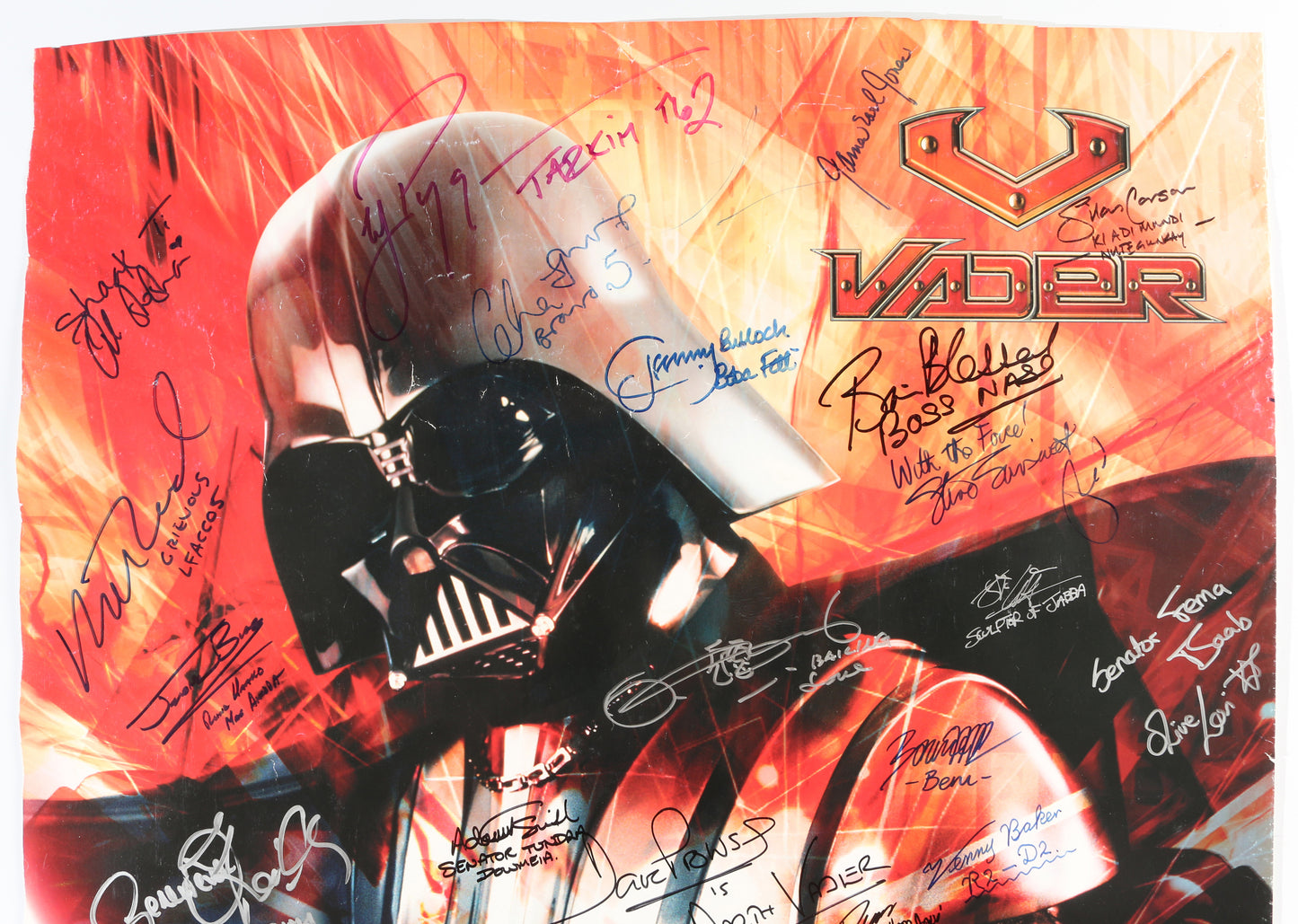 
                  
                    Star Wars Darth Vader 24x34 Poster Cast Signed by George Lucas, Christopher Lee, James Earl Jones, Jeremy Bulloch, Anthony Daniels, Temuera Morrison, Kenny Baker, Peter Mayhew, Dave Prowse, Ahmed Best, Rick McCallum, & More
                  
                