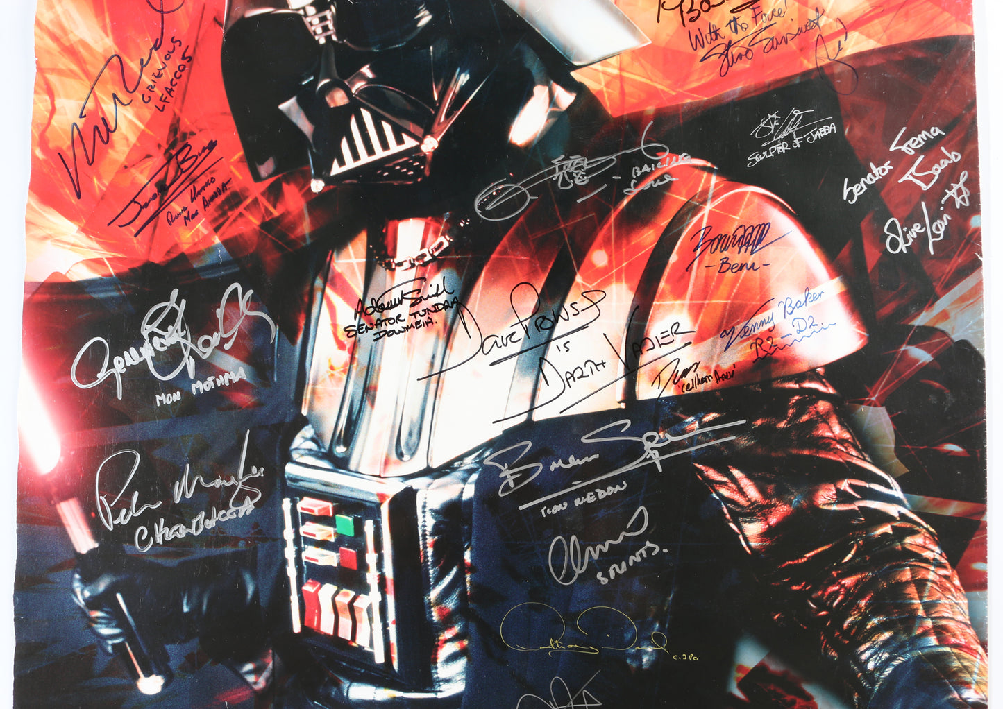 
                  
                    Star Wars Darth Vader 24x34 Poster Cast Signed by George Lucas, Christopher Lee, James Earl Jones, Jeremy Bulloch, Anthony Daniels, Temuera Morrison, Kenny Baker, Peter Mayhew, Dave Prowse, Ahmed Best, Rick McCallum, & More
                  
                