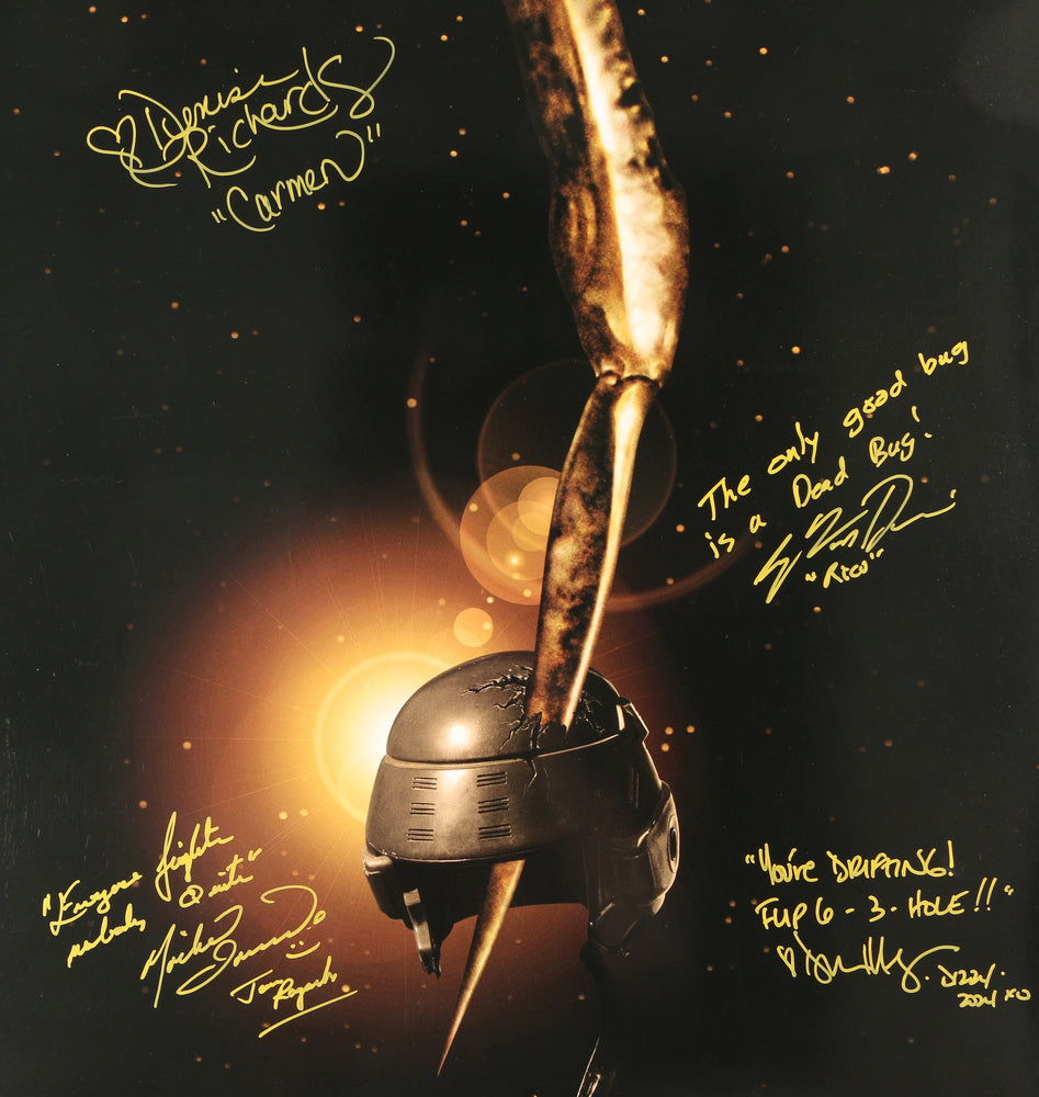 
                  
                    Starship Troopers 27x40 Poster (SWAU) Cast Signed by Casper Van Dien, Dina Meyer, Denise Richards, & Michael Ironside with Character Names & Quotes
                  
                