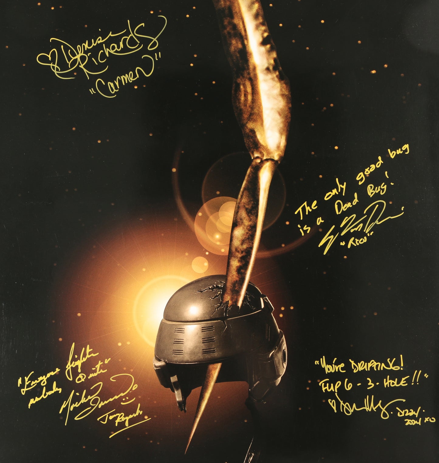 
                  
                    Starship Troopers 27x40 Poster (SWAU) Cast Signed by Casper Van Dien, Dina Meyer, Denise Richards, & Michael Ironside with Character Names & Quotes
                  
                