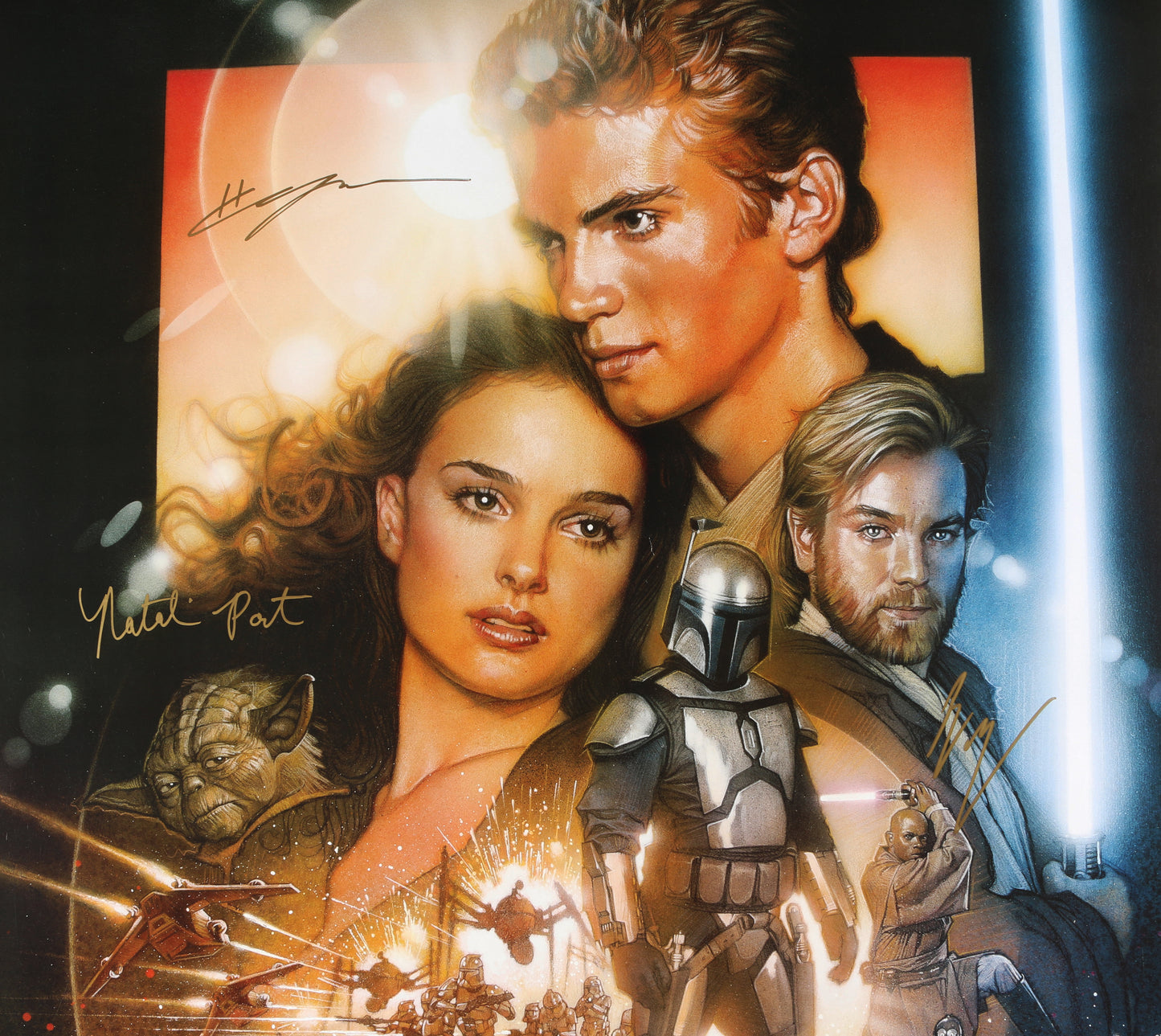 
                  
                    Ewan McGregor as Obi-Wan Kenobi, Natalie Portman as Padme Amidala, & Hayden Christensen as Anakin Skywalker in Star Wars Episode II: Attack of the Clones (SWAU) Signed 27x40 Poster
                  
                