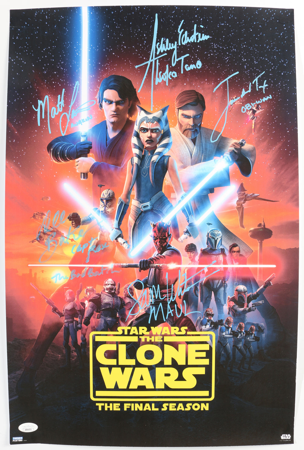 Star Wars: The Clone Wars 14.5x22 Mini Poster (JSA) Cast Signed by Ashley Eckstein, James Arnold Taylor, Matt Lanter, Dee Baker, & Sam Witwer with Character Names