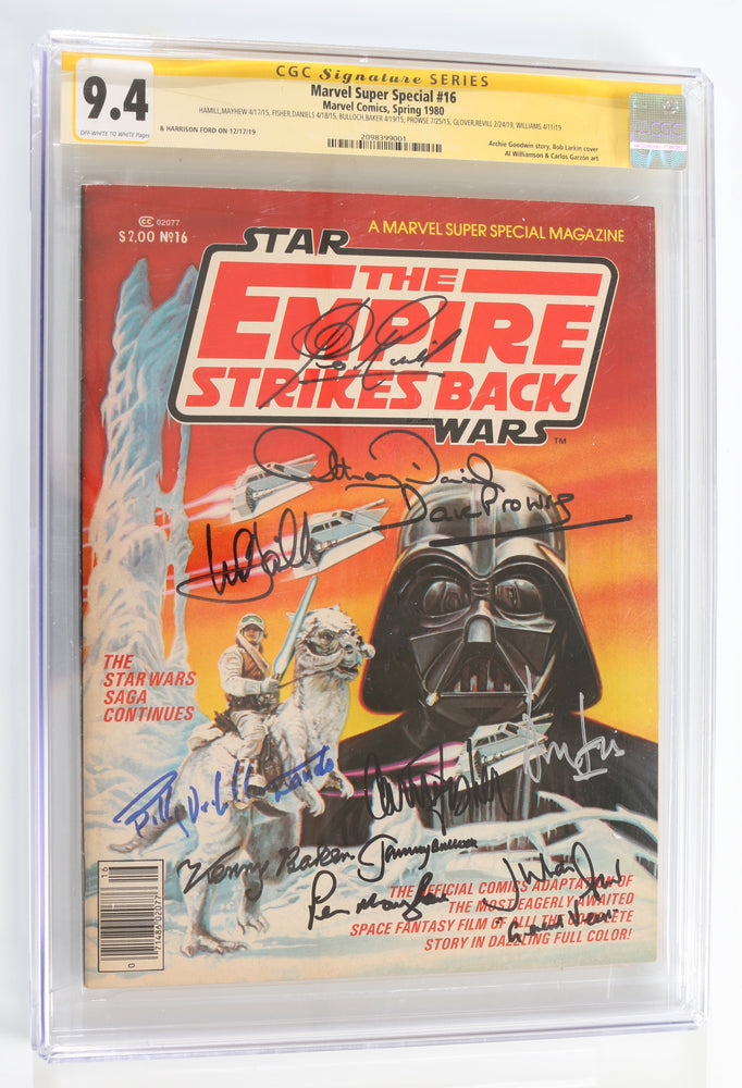 
                  
                    Marvel Super Special #16 - Star Wars: The Empire Strikes Back Comics Adaptation - Signed by Harrison Ford, Mark Hamill, Carrie Fisher, Billy Dee Williams, Peter Mayhew, Kenny Baker, Anthony Daniels, & Dave Prowse (CGC Signature Series 9.4) 1980
                  
                