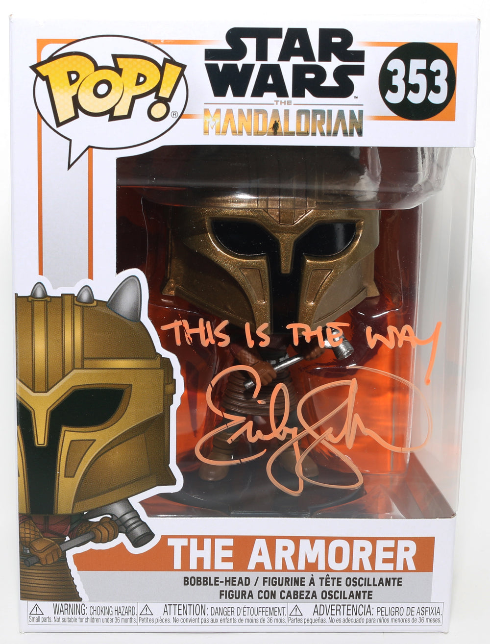 Emily Swallow as the Armorer in Star Wars: The Mandalorian Signed Funko POP! #353 with Quote