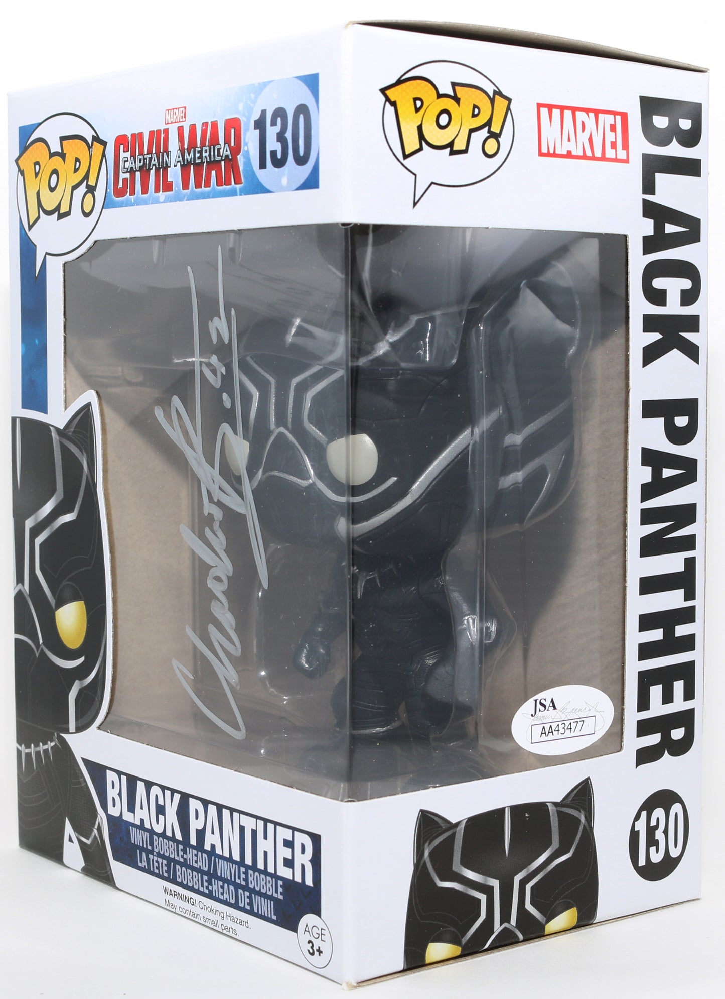
                  
                    Chadwick Boseman as Black Panther in Captain America: Civil War (JSA) Signed Funko POP! #130 - Very Rare
                  
                