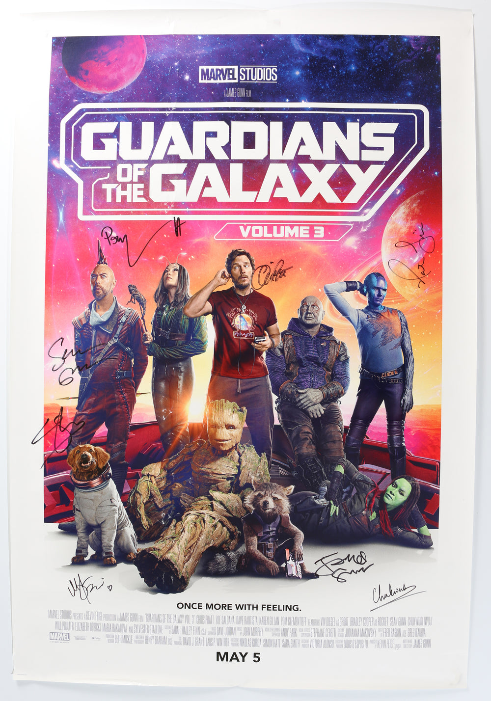 Guardians of the Galaxy Vol. 3 27x40 Poster Signed by Chris Pratt, Pom Klementieff, Sean Gunn, Maria Bakalova, Will Poulter, Chukwudi Iwuji, Nathan Fillion, & James Gunn