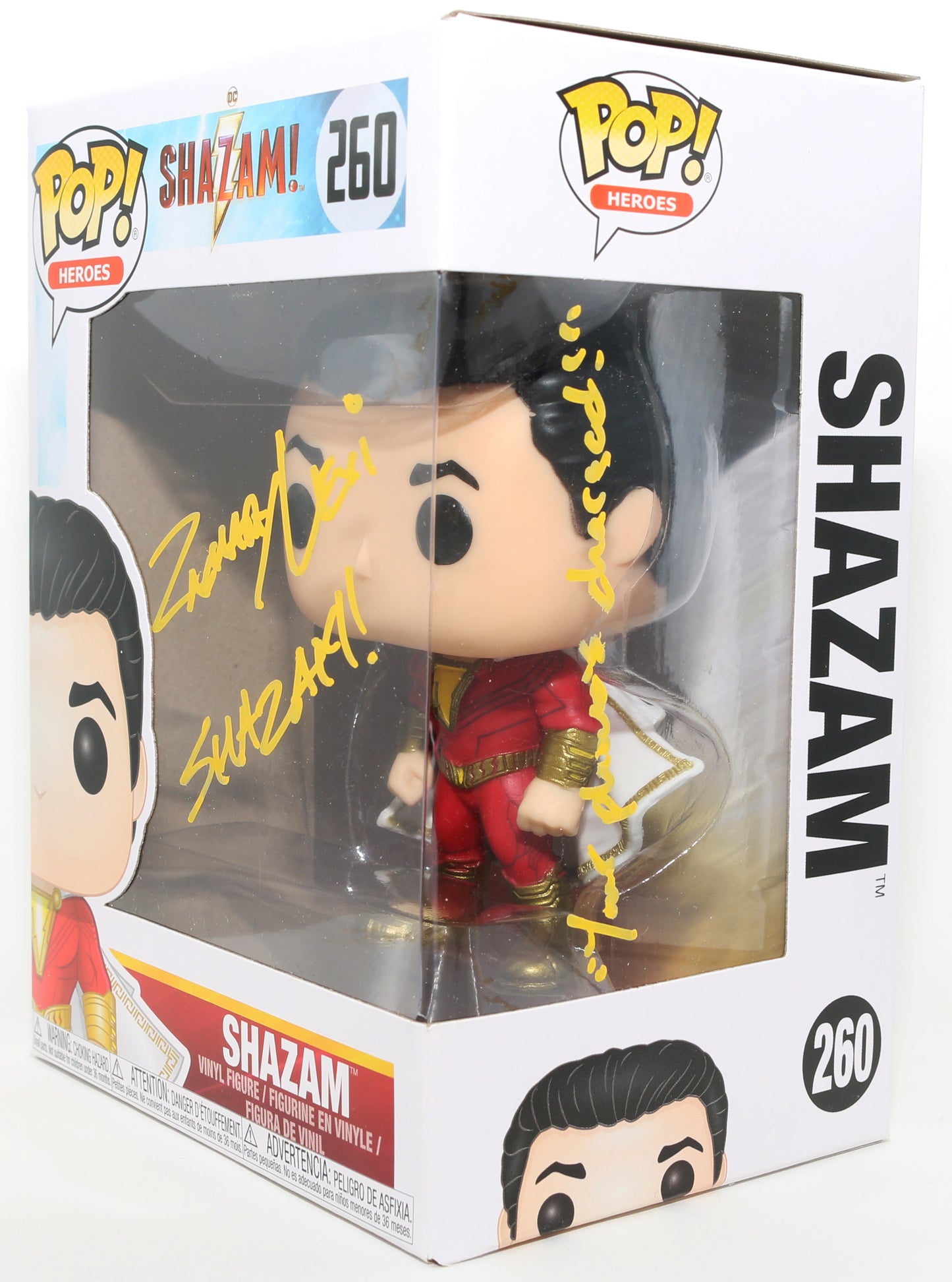 
                  
                    Zachary Levi as Shazam in Shazam! Signed Funko POP! #260 with Character Name & Quote
                  
                