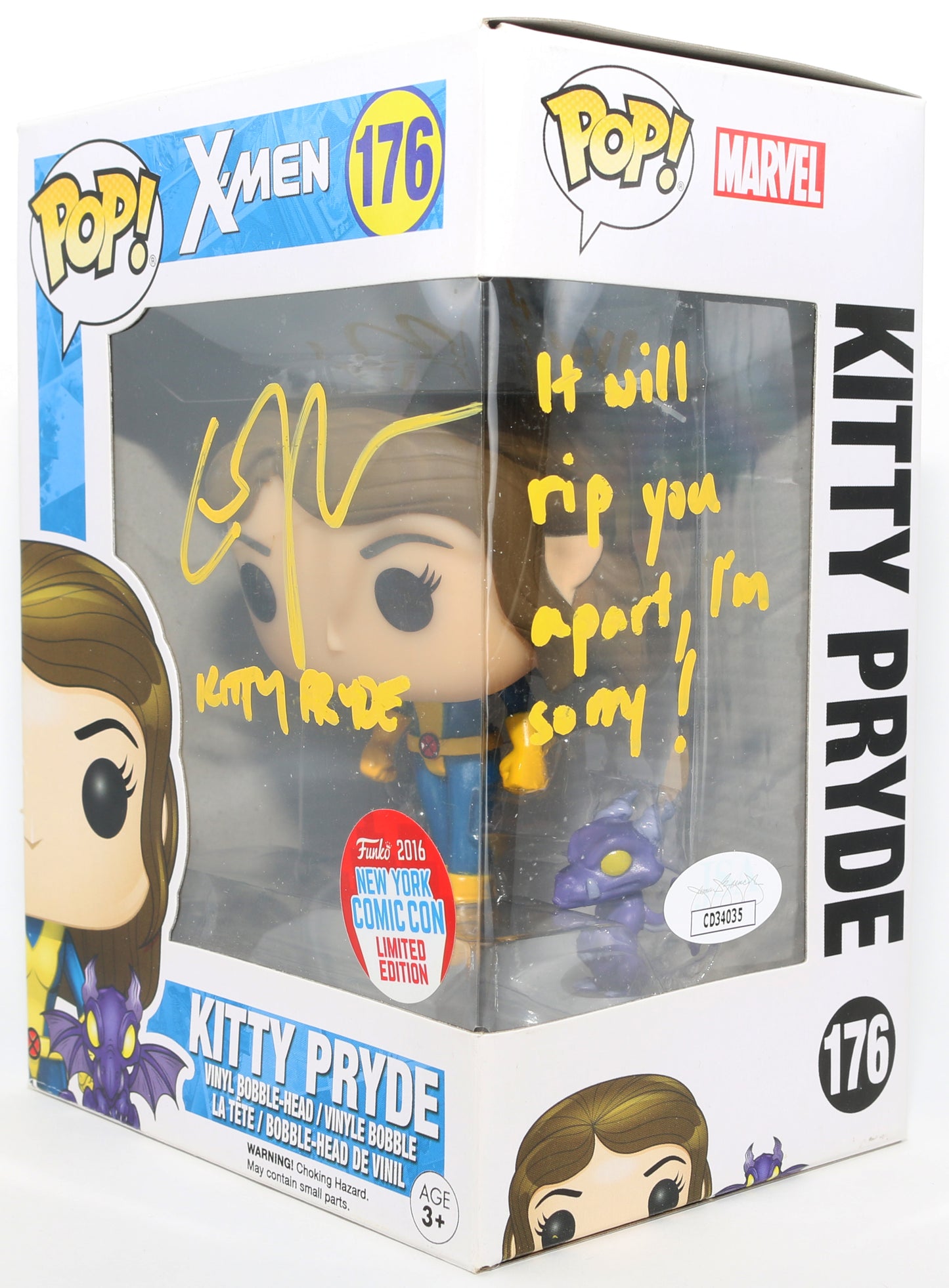 
                  
                    Elliot / Ellen Page as Kitty Pryde in X-Men 2016 New York Comic Con Exclusive (JSA) Signed Funko POP! #176 with Character Name & Quote
                  
                