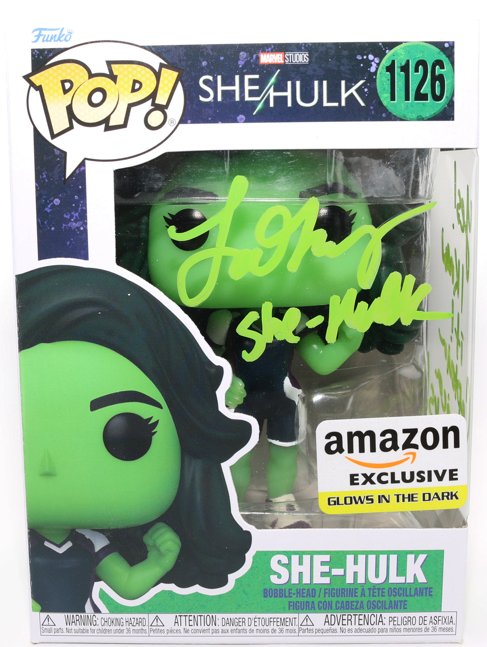 Tatiana Maslany as She-Hulk in She-Hulk GITD Amazon Exclusive Signed Funko POP! #1126 with Character Name & Quote