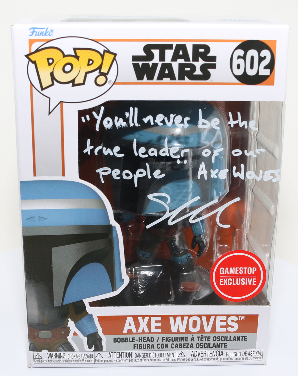 Simon Kassianides as Axe Woves in Star Wars: The Mandalorian Gamestop Exclusive Signed Funko POP! #602 with Quote and Character Name