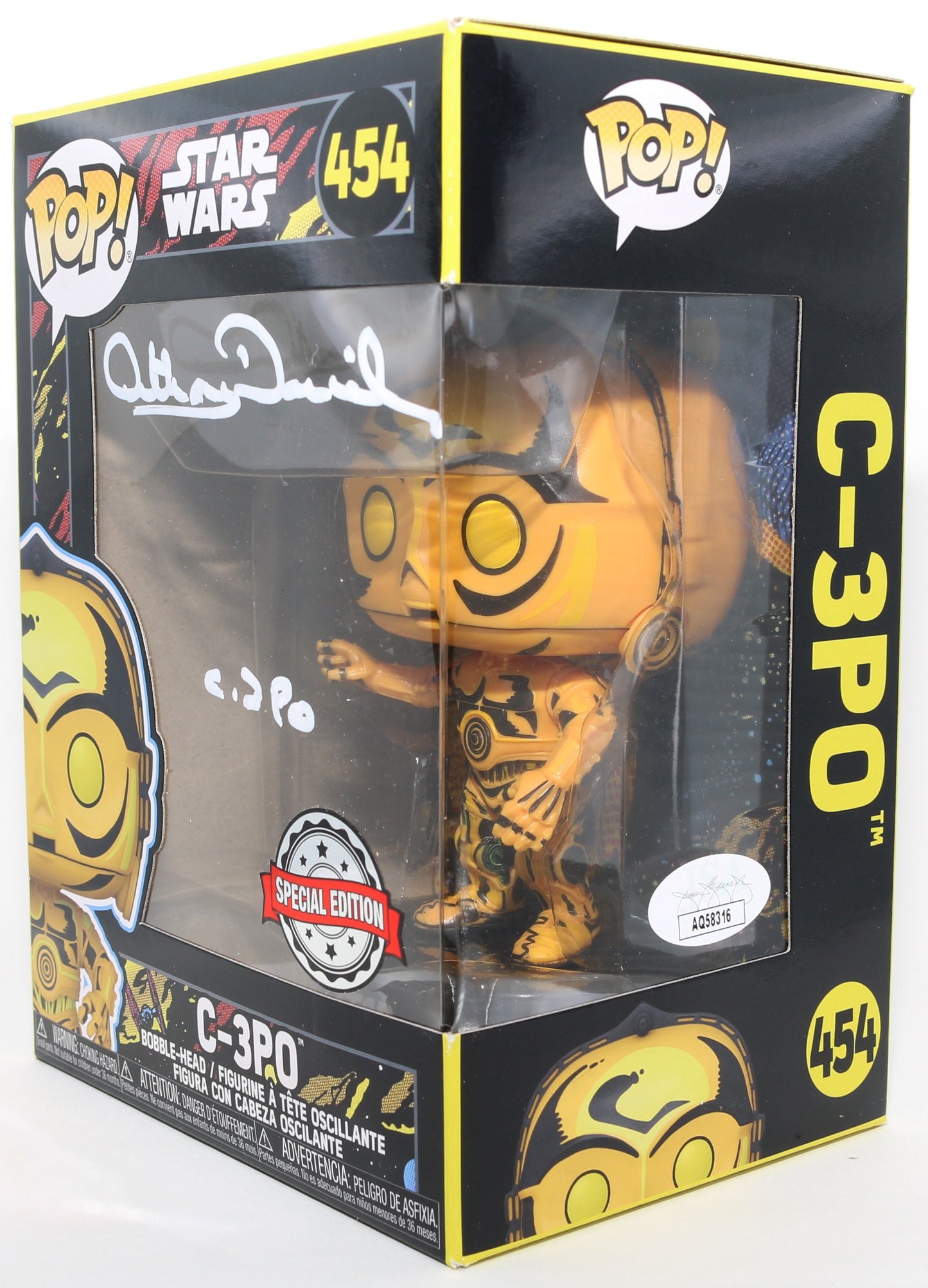 
                  
                    Anthony Daniels as C-3PO in Star Wars Blacklight Special Edition (JSA) Signed Funko POP! #454 with Character Name
                  
                
