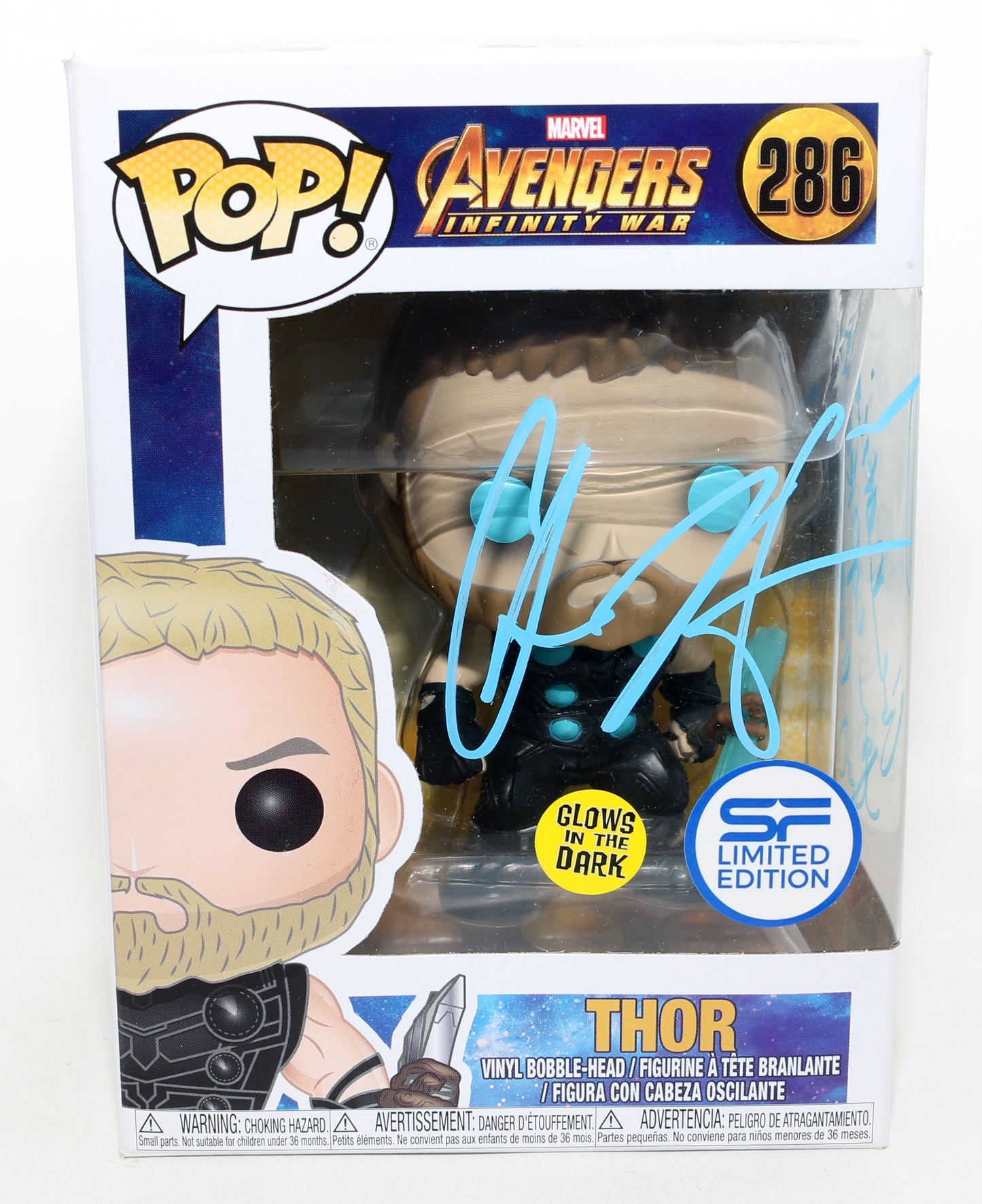 
                  
                    Chris Hemsworth as Thor in Avengers: Infinity War GITD SF Limited Edition Signed Funko POP! #286 with Quote
                  
                