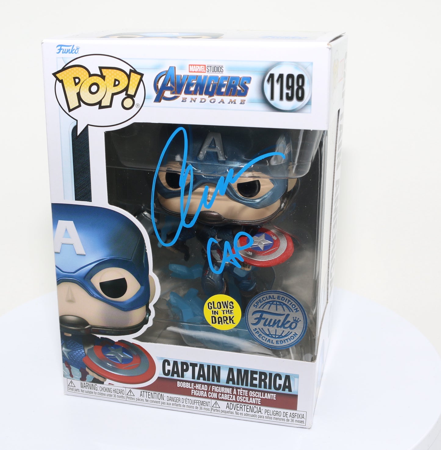 
                  
                    Chris Evans as Captain America in Avengers: Endgame Glow in the Dark Special Edition (SWAU) Signed Funko POP! #1198
                  
                