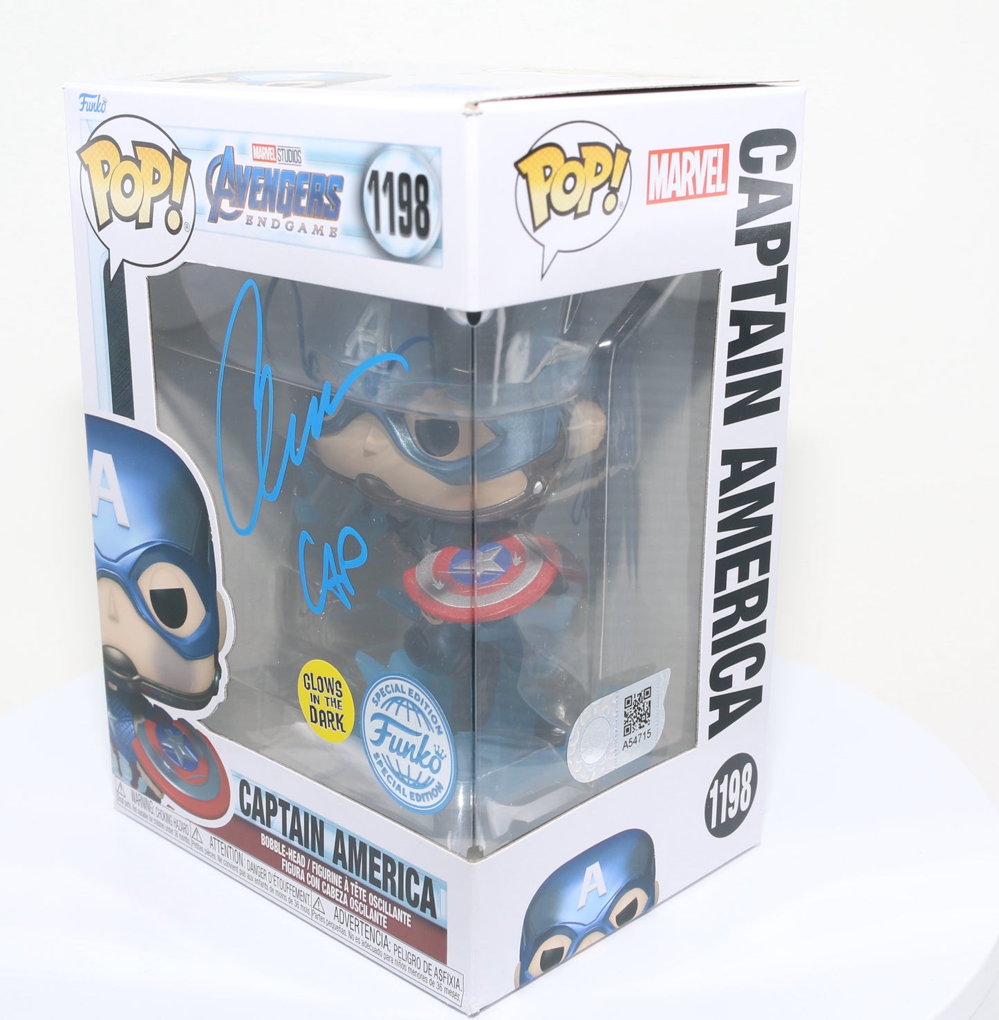 
                  
                    Chris Evans as Captain America in Avengers: Endgame Glow in the Dark Special Edition (SWAU) Signed Funko POP! #1198
                  
                