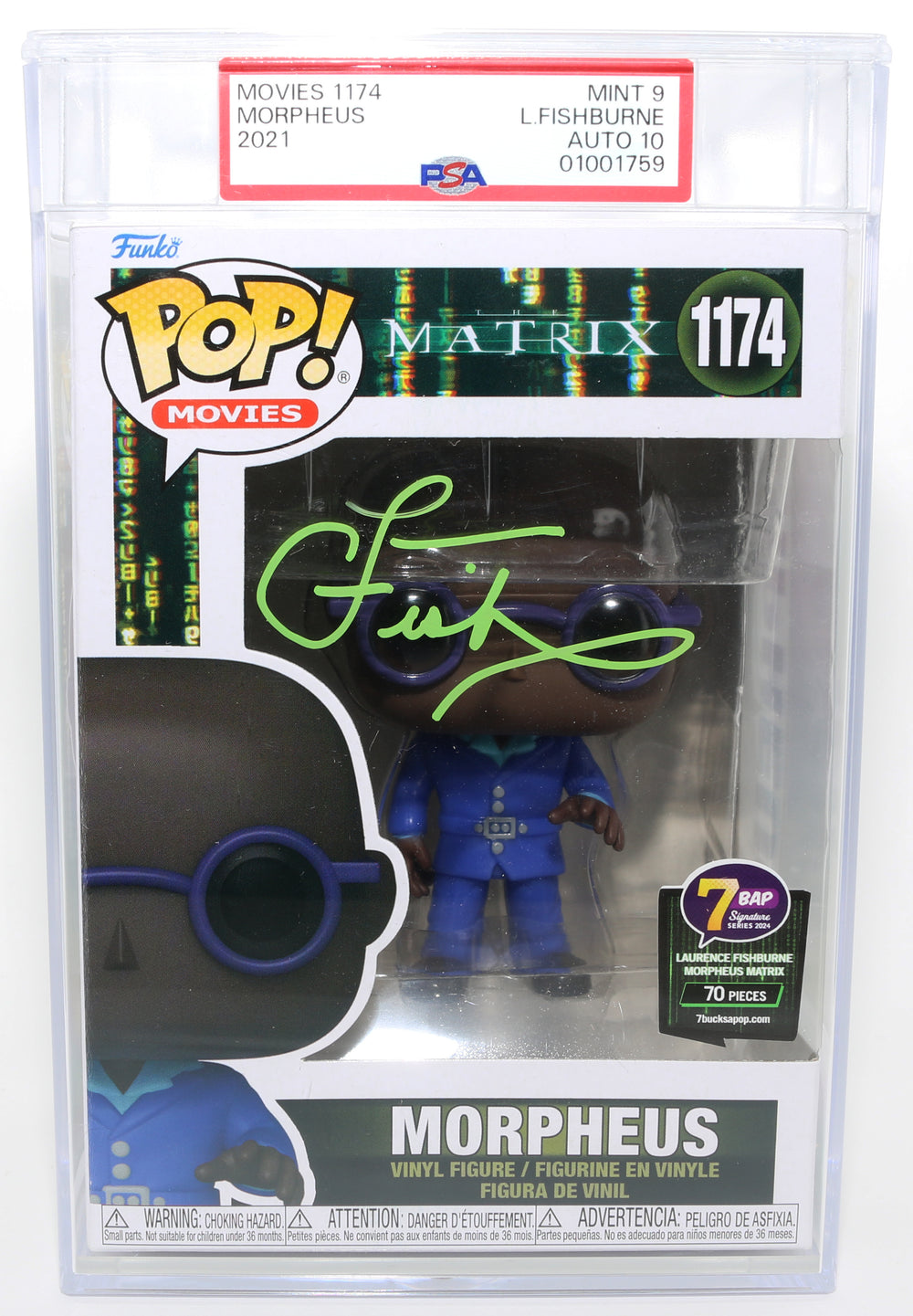 Laurence Fishburne as Morpheus in The Matrix 7BAP Exclusive (JSA / PSA Encapsulated Grade 9) Signed Funko POP! #1174