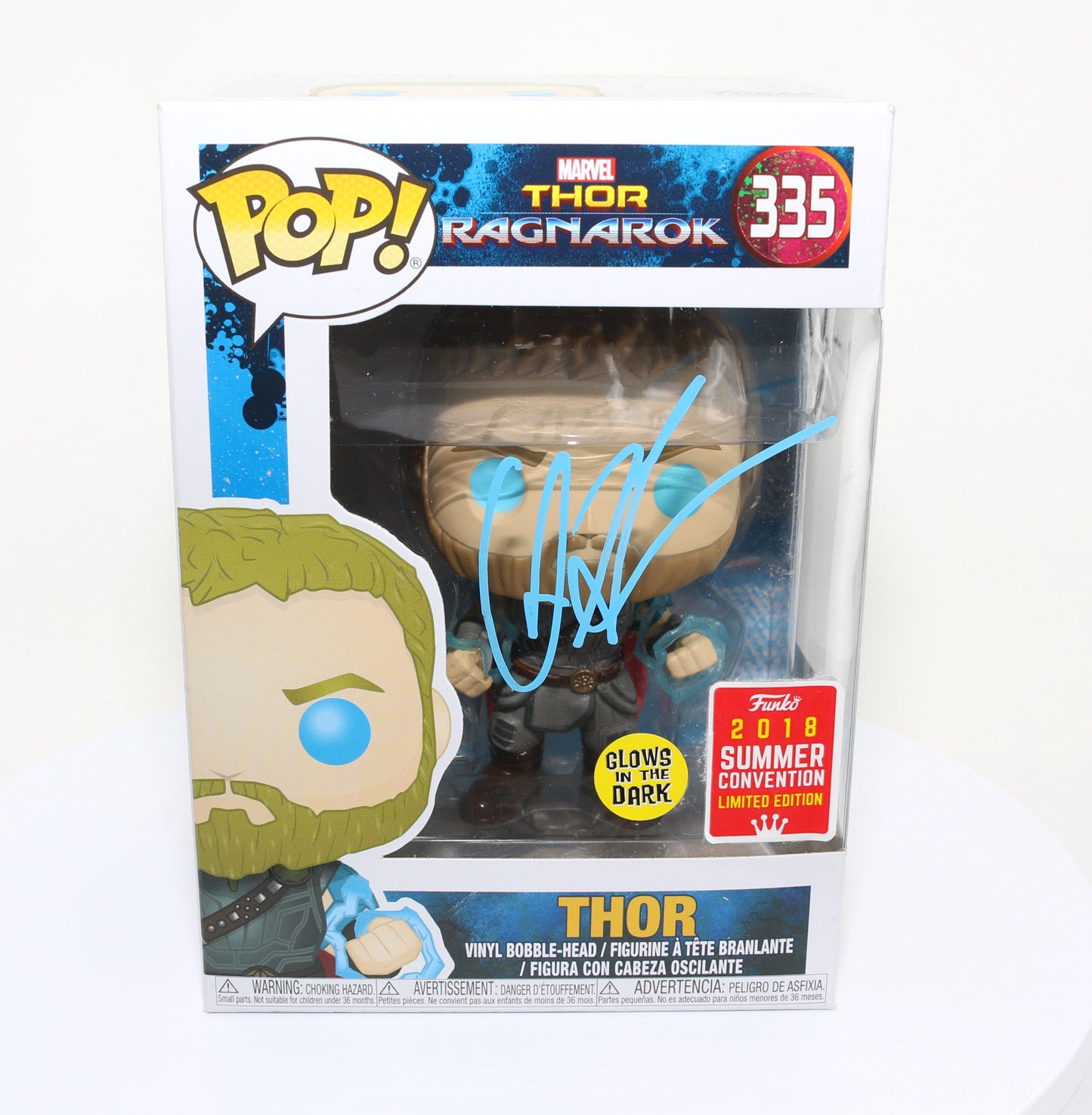 
                  
                    Chris Hemsworth as Thor in Thor: Ragnarok 2018 Summer Convention Glow in the Dark Exclusive (SWAU) Signed Funko POP! #335
                  
                