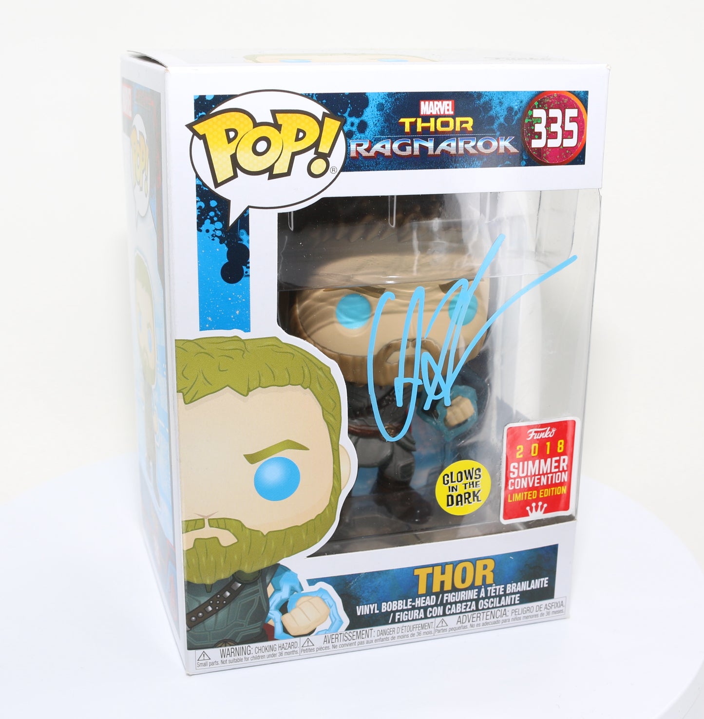 
                  
                    Chris Hemsworth as Thor in Thor: Ragnarok 2018 Summer Convention Glow in the Dark Exclusive (SWAU) Signed Funko POP! #335
                  
                