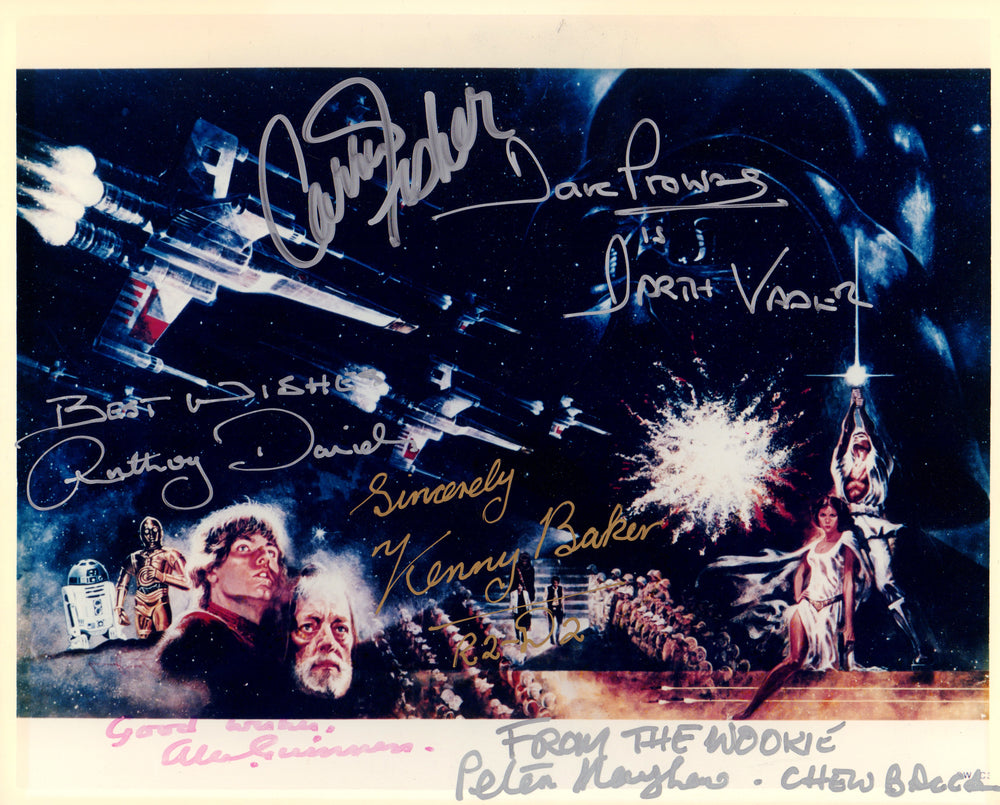 Star Wars: A New Hope 8x10 Photo Cast Signed by Alec Guinness, Carrie Fisher, Anthony Daniels, Kenny Baker & Peter Mayhew with Rare Wookie Character Name