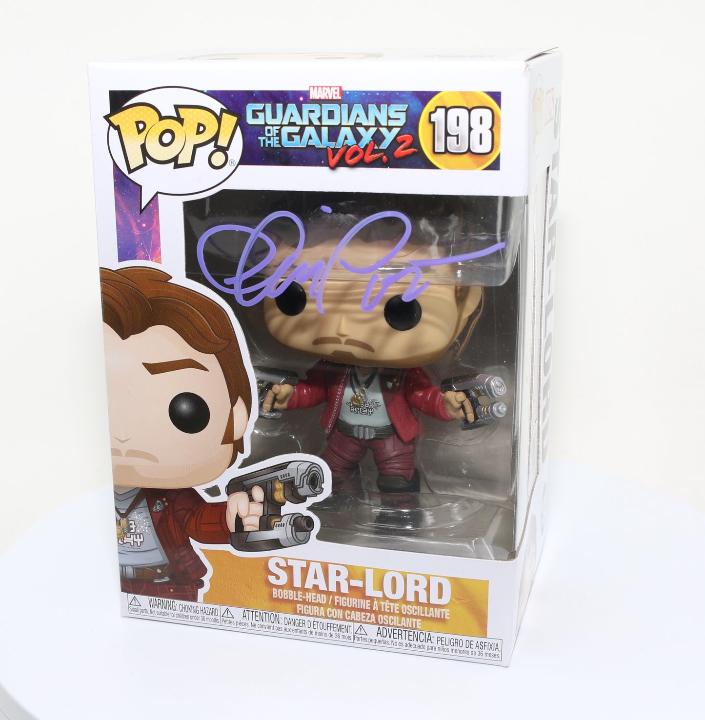 
                  
                    Chris Pratt as Star-Lord in Guardians of the Galaxy Vol. 2 (SWAU) Signed Funko POP! #198
                  
                