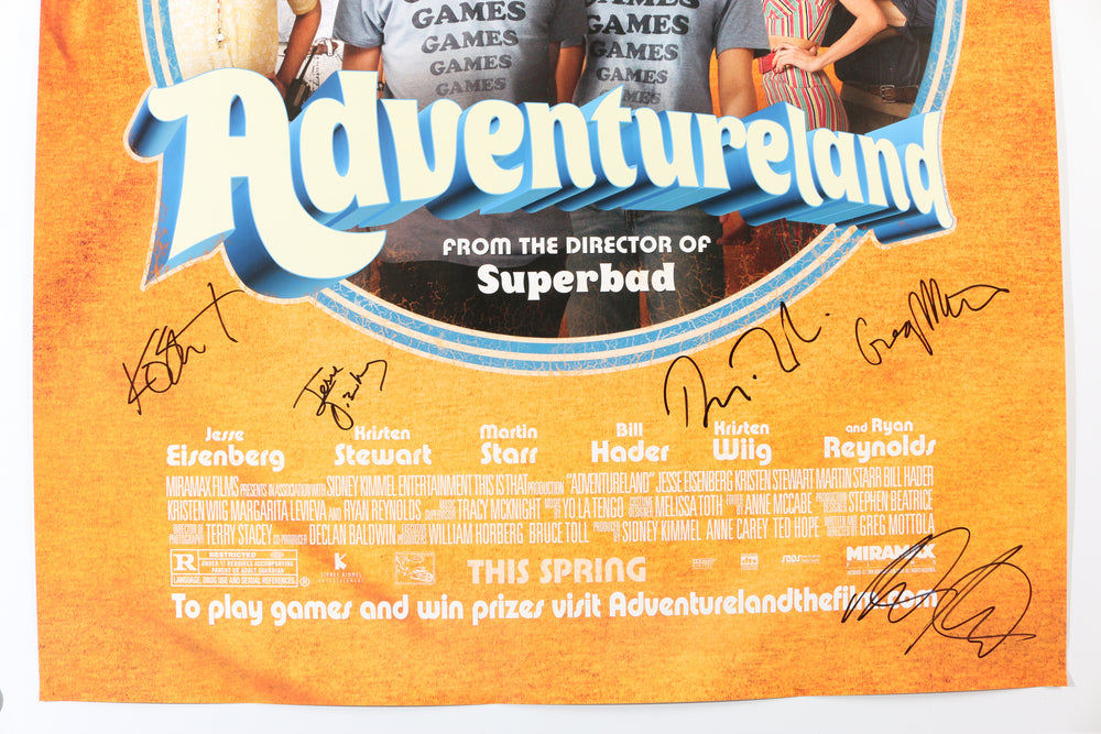 
                  
                    Adventureland 27x40 Poster Cast Signed by Jesse Eisenberg, Kristen Stewart, Ryan Reynolds, & Martin Starr with Director: Greg Mottola
                  
                