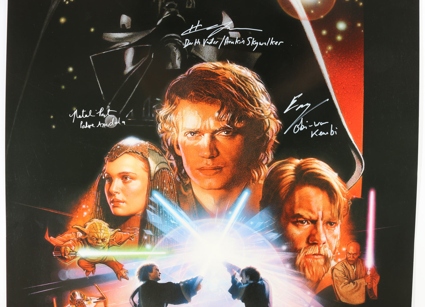 
                  
                    Ewan McGregor as Obi-Wan Kenobi, Natalie Portman as Padme Amidala, & Hayden Christensen as Anakin Skywalker in Star Wars Episode III: Revenge of the Sith (SWAU) Signed 27x40 Poster with Character Names
                  
                