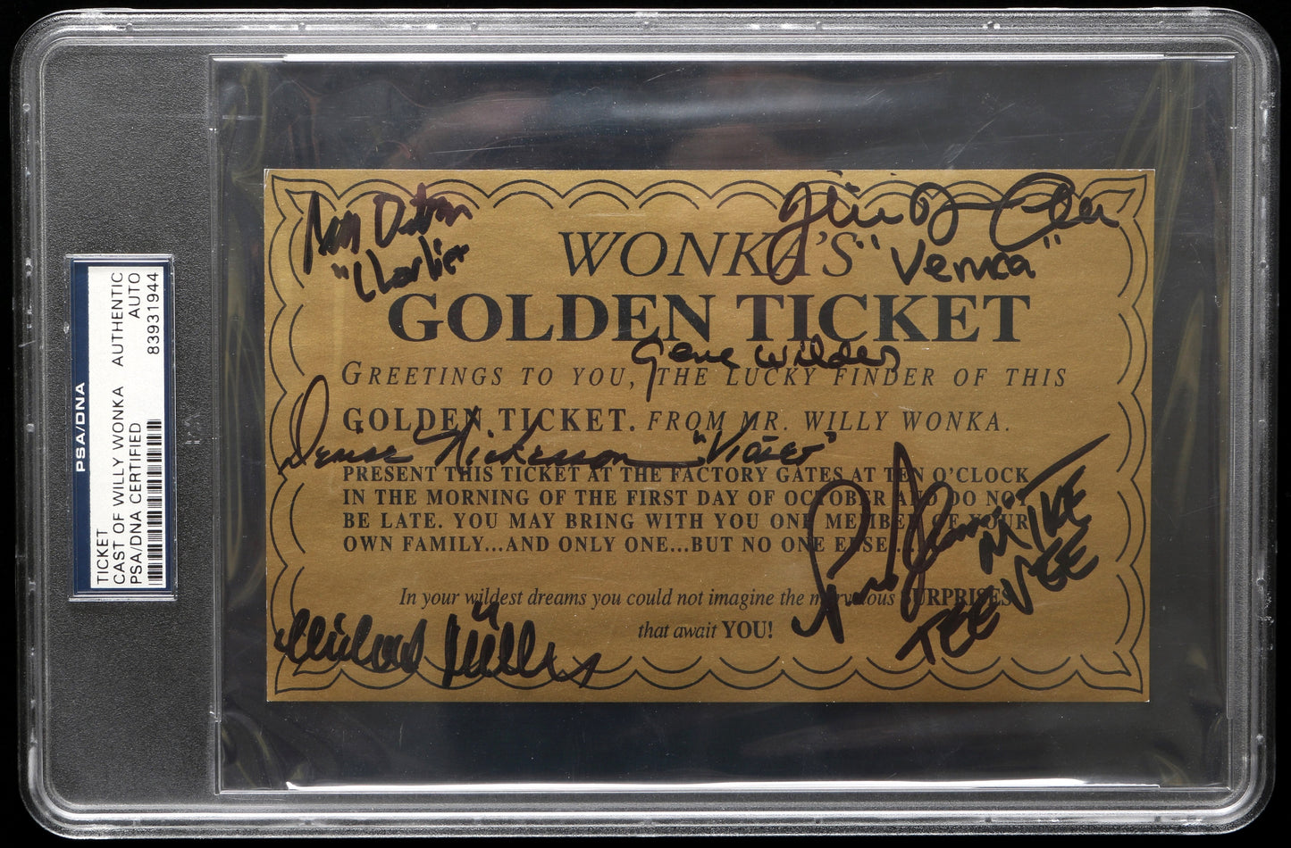 
                  
                    Willy Wonka & the Chocolate Factory Golden Ticket Cast Signed by Gene Wilder and All Five Kids: Peter Ostrum, Denise Nickerson, Paris Themmen, Michael Bollner, & Julie Dawn Cole with Character Names
                  
                
