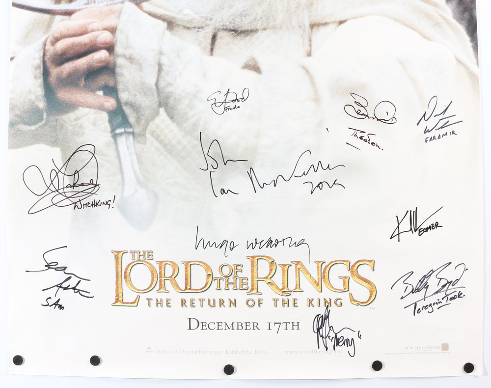 
                  
                    The Lord of the Rings: The Return of the King 26.5x39.5 Poster Cast Signed by Elijah Wood, Ian Mckellen, Sean Austin, Hugo Weaving, Bernard Hill, Billy Boyd, Lawrence Makoare, Dominic Monaghan, Karl Urban, & David Wenham
                  
                