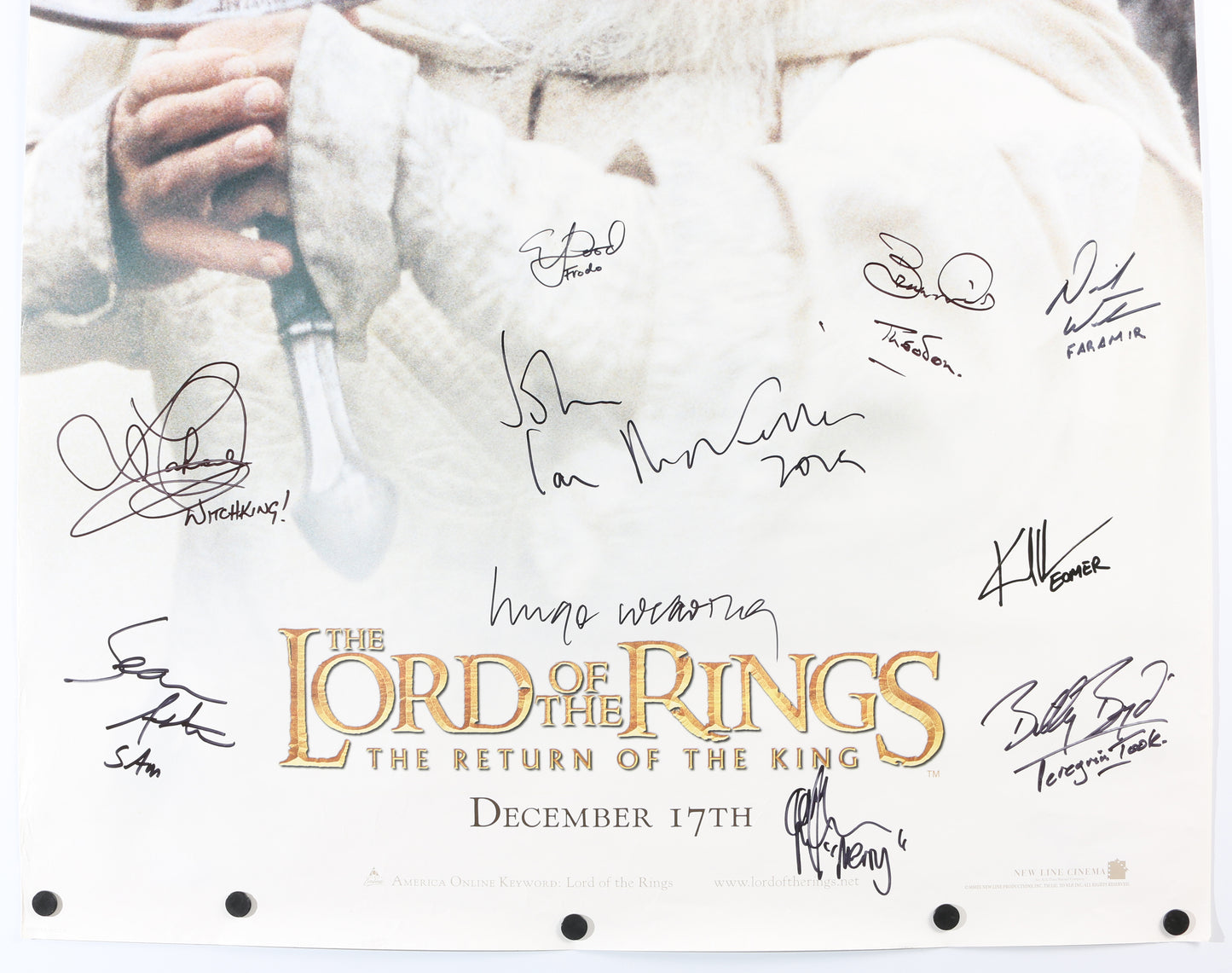 
                  
                    The Lord of the Rings: The Return of the King 26.5x39.5 Poster Cast Signed by Elijah Wood, Ian Mckellen, Sean Austin, Hugo Weaving, Bernard Hill, Billy Boyd, Lawrence Makoare, Dominic Monaghan, Karl Urban, & David Wenham
                  
                