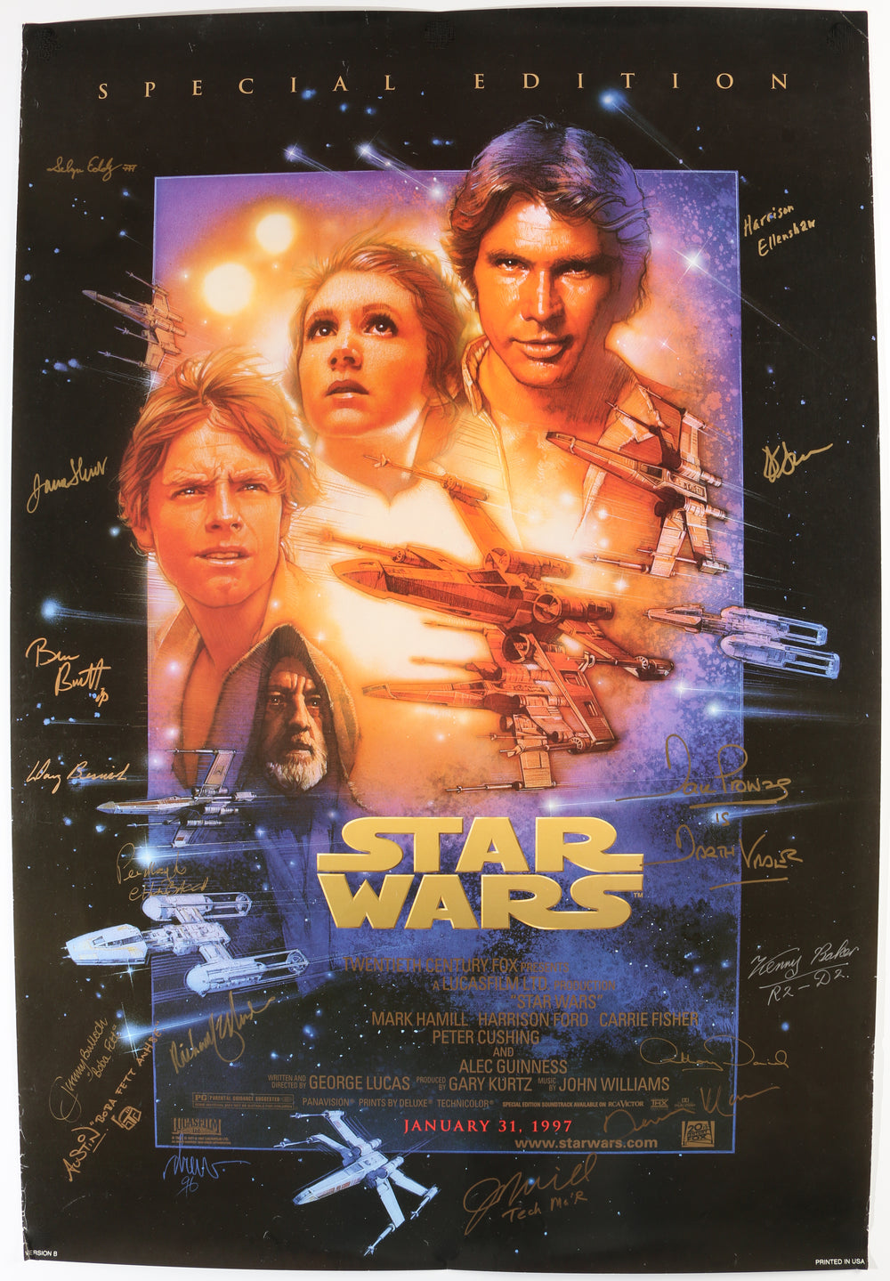 Star Wars: A New Hope 27x39.5 Poster Cast Signed by Peter Mayhew, Jeremy Bulloch, Kenny Baker, Dave Prowse, Anthony Daniels, Ben Burtt, Selwyn Eddy, Doug Beswick, Richard Edlund, Harrision Ellenshaw, with Bill & Jamie Shourt