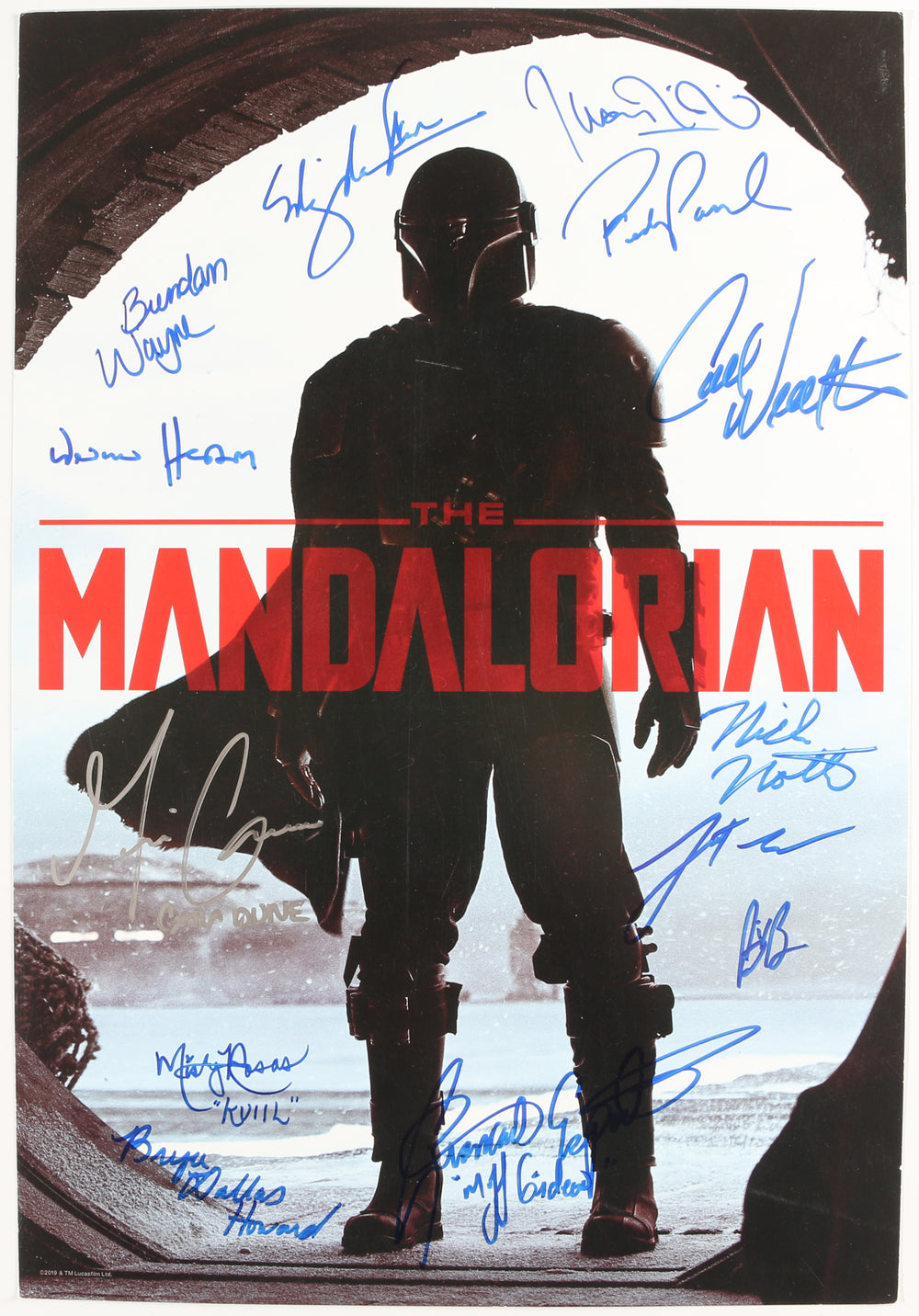 Star Wars: The Mandalorian (Beckett) 13x19 Mini Poster Cast Signed by Pedro Pascal, Gina Carano, Nick Nolte, Brendan Wayne, Lateef Crowder, Giancarlo Esposito, Carl Weathers, Werner Herzog,  Ming-Na Wen, Bill Burr, & Taika Waititi