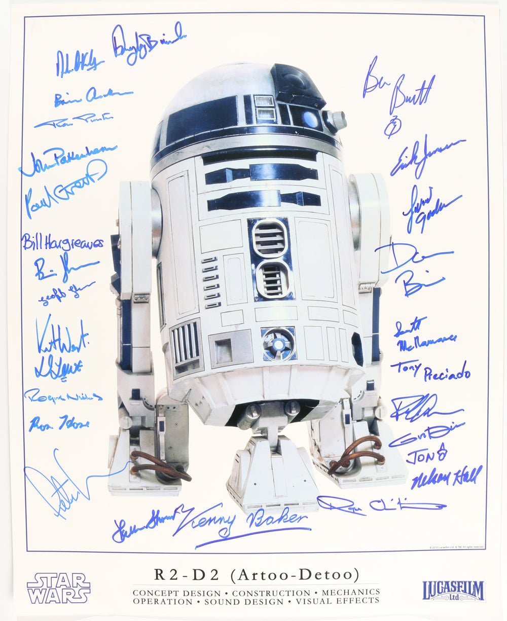 R2-D2 from Star Wars 16x20 Photo Signed by 27 ILM Behind the Scenes Creators including Brian Archer, Kenny Baker, Don Bies, Ben Burtt, Roger Christian, Gus Dizon, Preston Donovan, Jon Farmer, Geoff Glover, Nelson Hall, Bill Hargreaves, & More