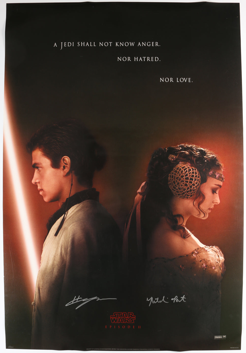 Hayden Christensen as Anakin Skywalker & Natalie Portman as Padme Amidala in Star Wars Episode II: Attack of the Clones (SWAU) Signed 27x40 Poster